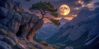 A lone pine tree on a cliff guards the cave and the mountain twilight under the full moon