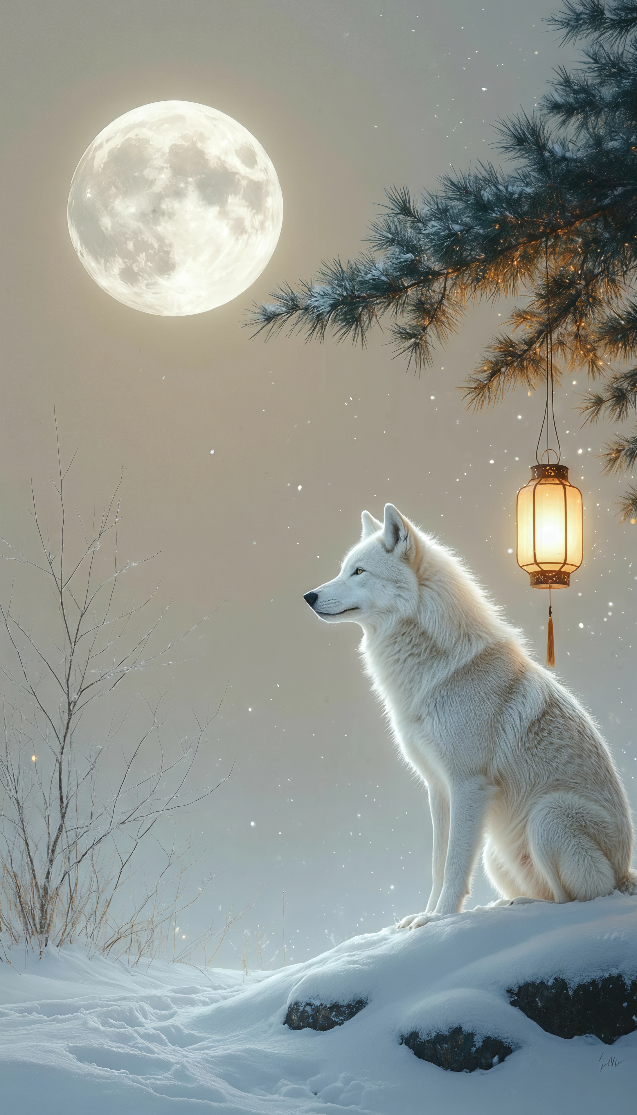 Бесплатное фото Белый волк сидит на заснеженном склоне под полной луной, рядом висит тёплый фонарь.