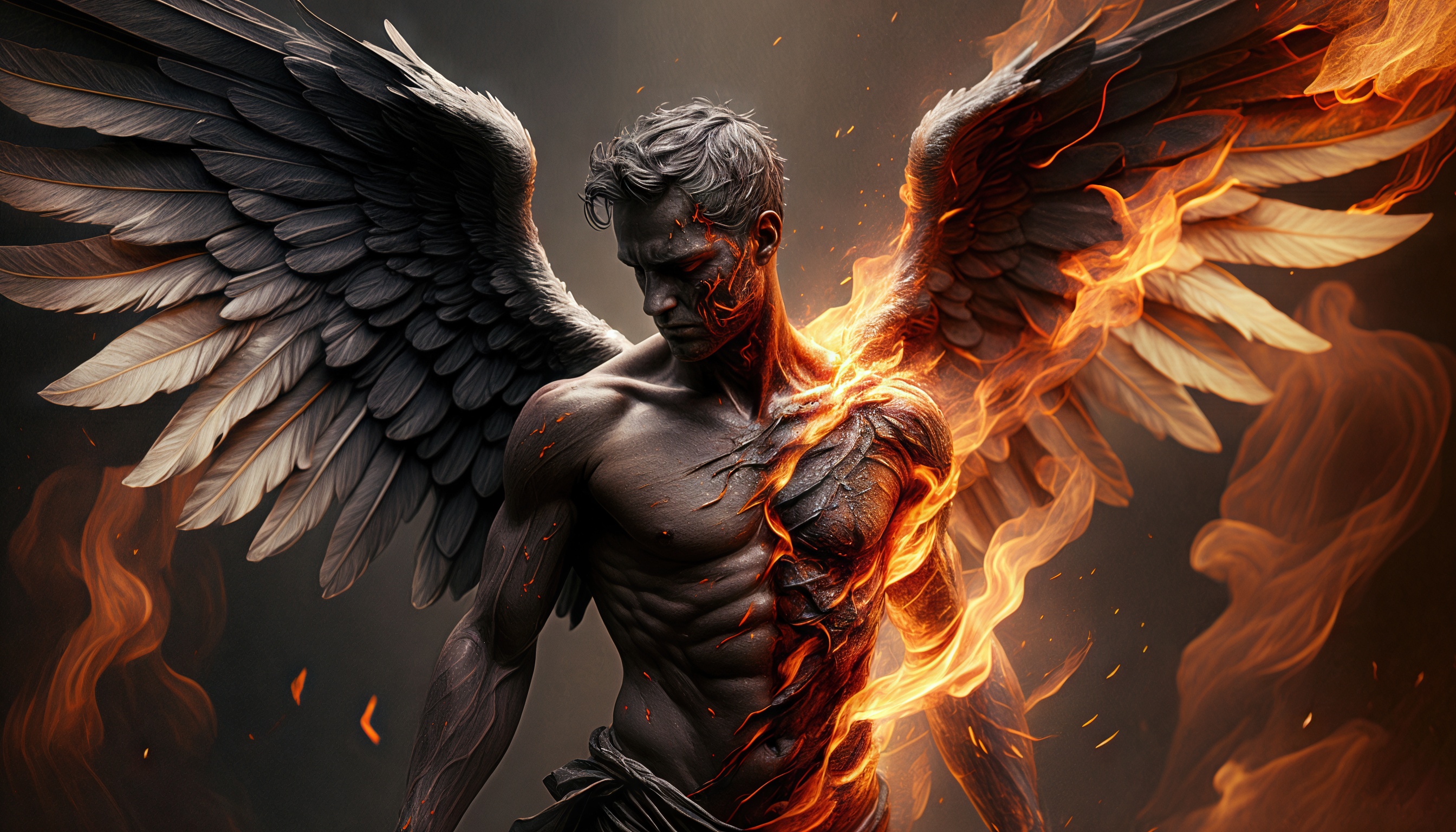 Персонаж с крыльями ангела и демона, охваченный огнем, символизирует внутреннюю борьбу и трансформацию.