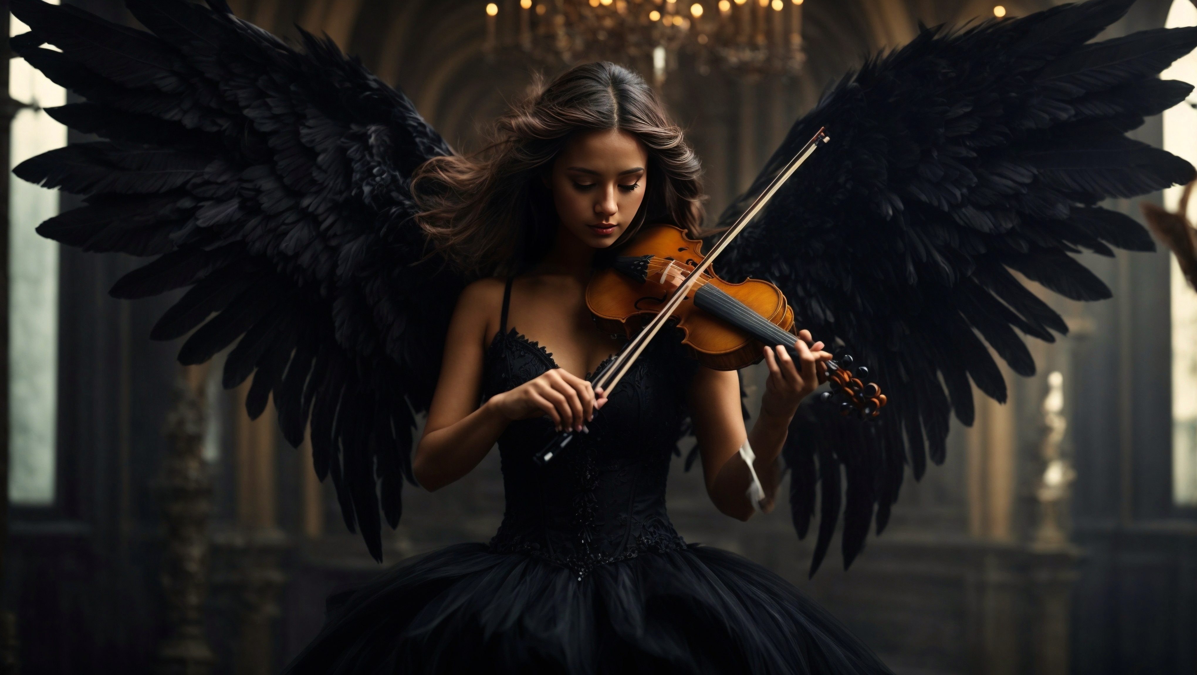 一位手持小提琴、身披翅膀的女性，站立着。
