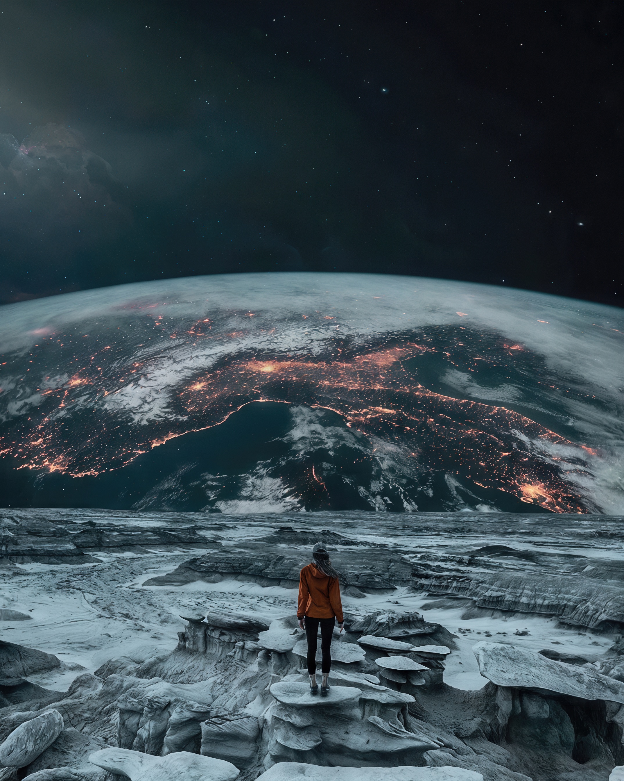 Девушка в оранжевой куртке стоит на краю скалы в космосе, глядя на Землю, усыпанную огнями городов.