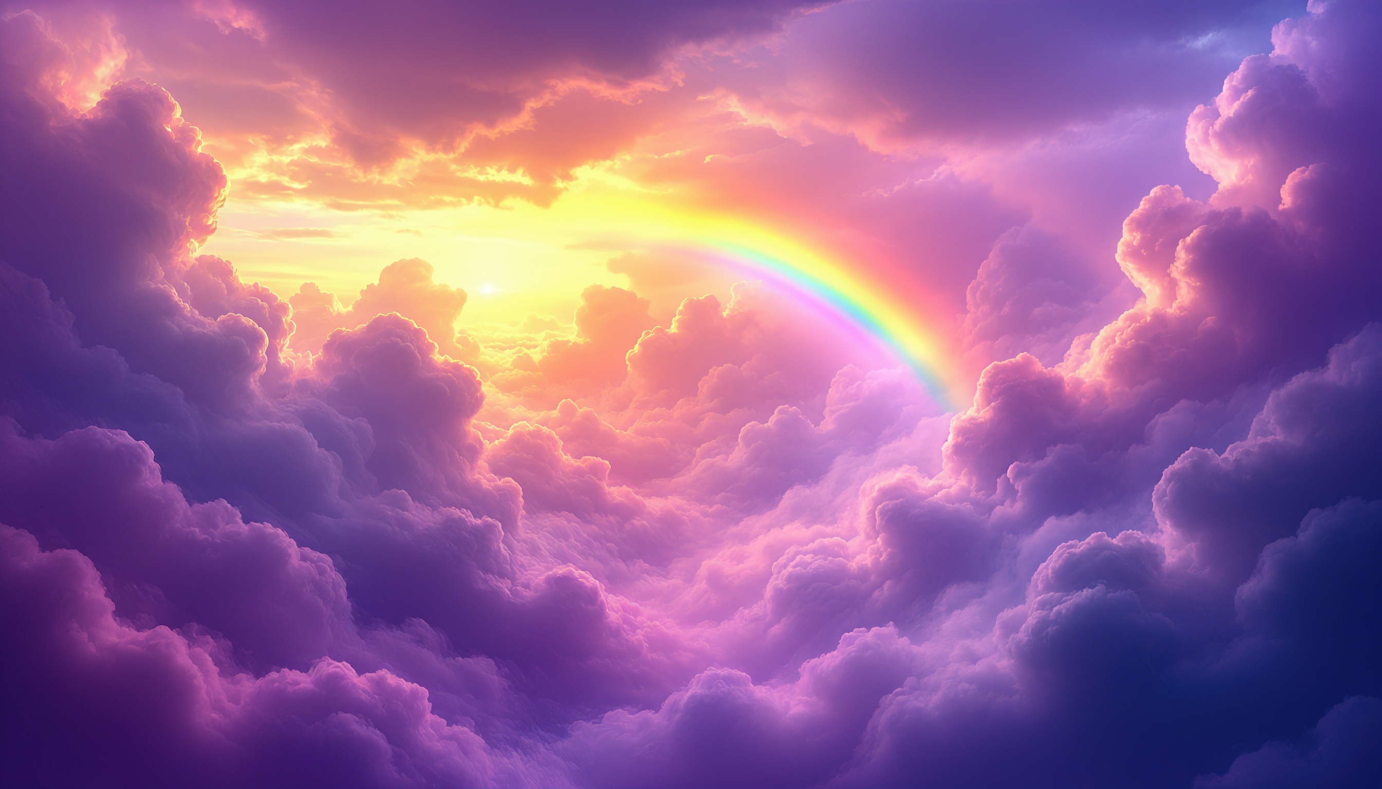 Бесплатное фото Радуга искрится на фоне пушистых облаков и закатного неба.