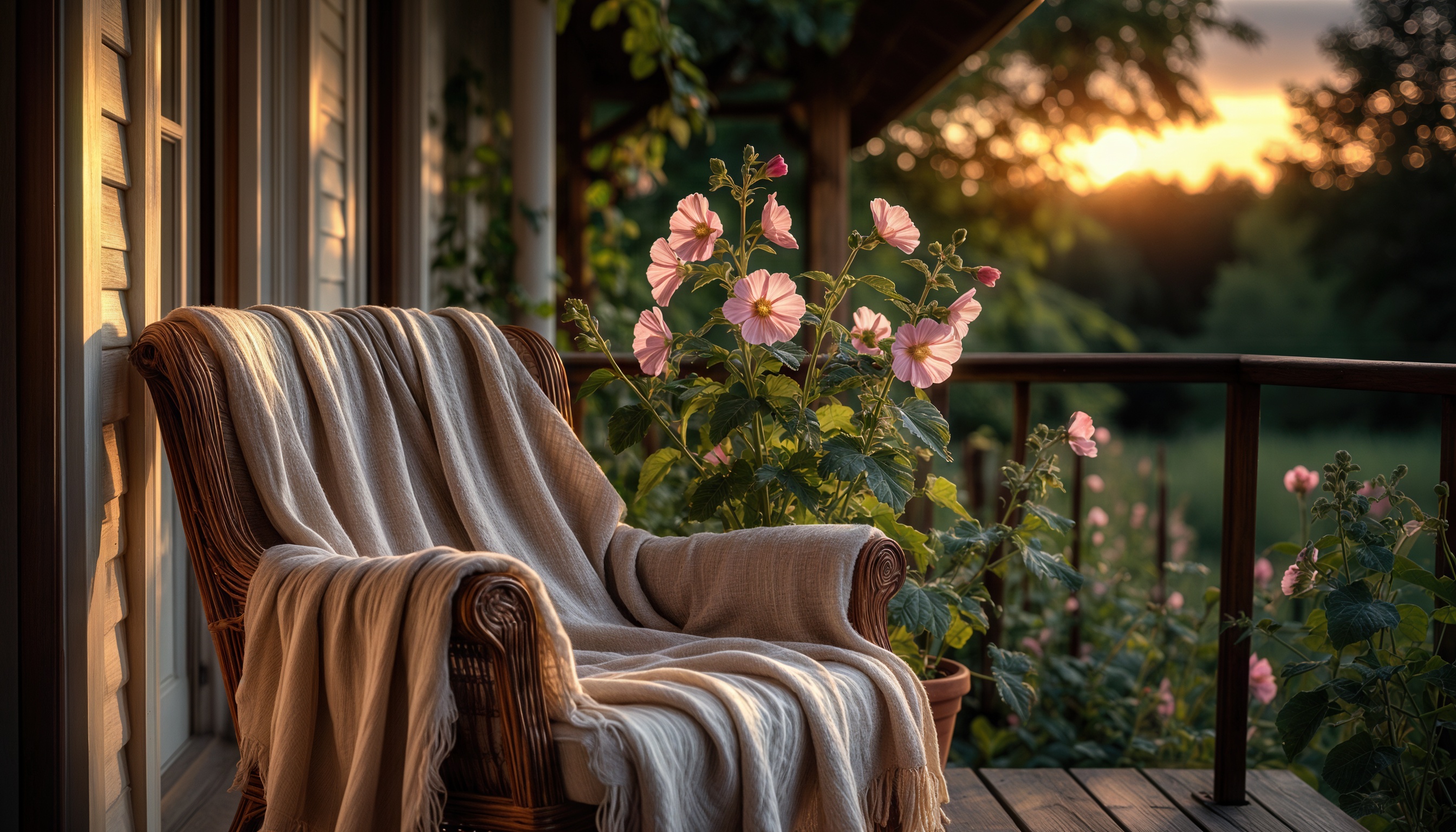 Бесплатное фото Плетёное кресло с пледом на веранде в лучах заката.
