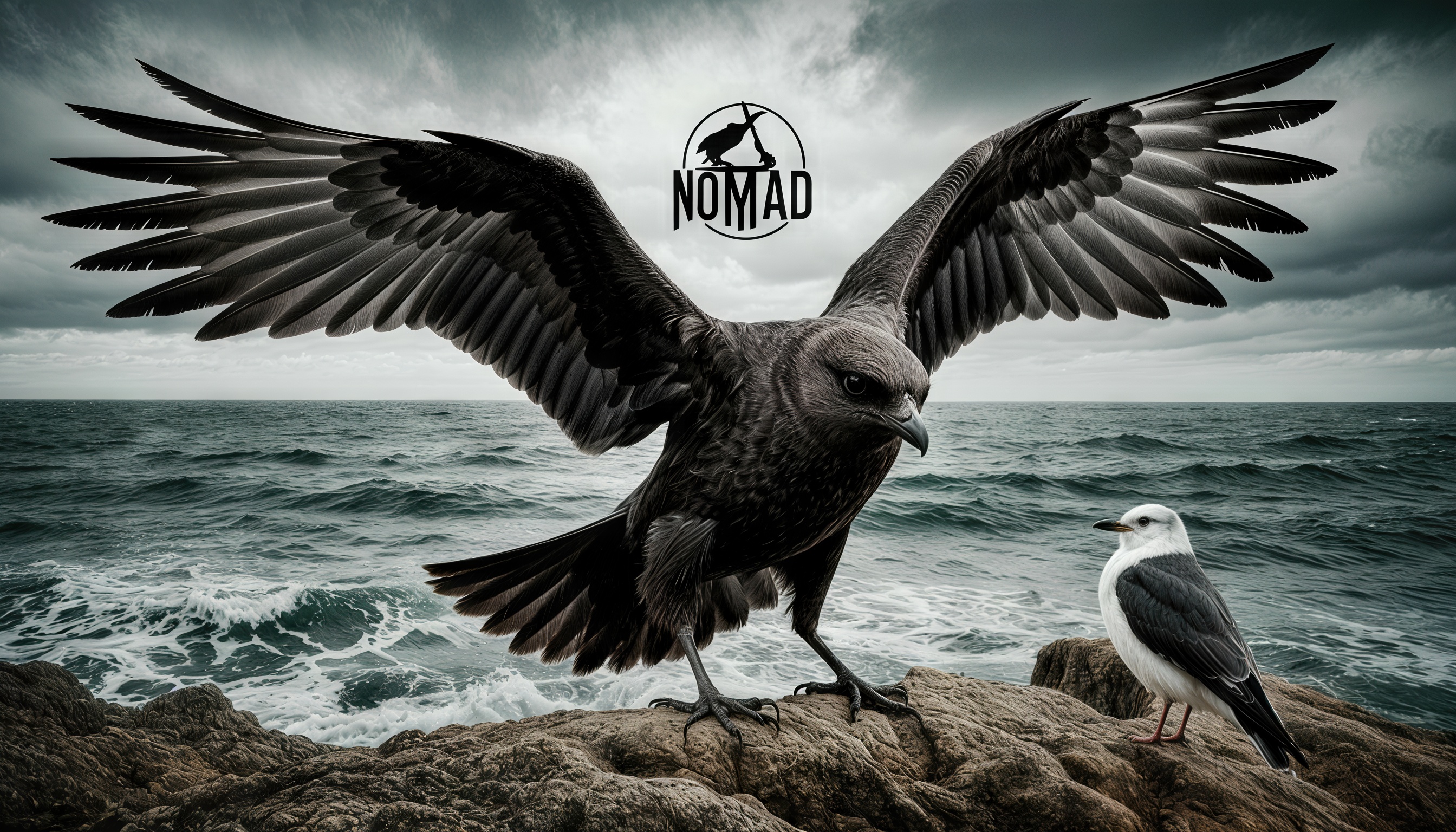 Бесплатное фото Буревестник на скале у моря с логотипом N0MAD вверху.