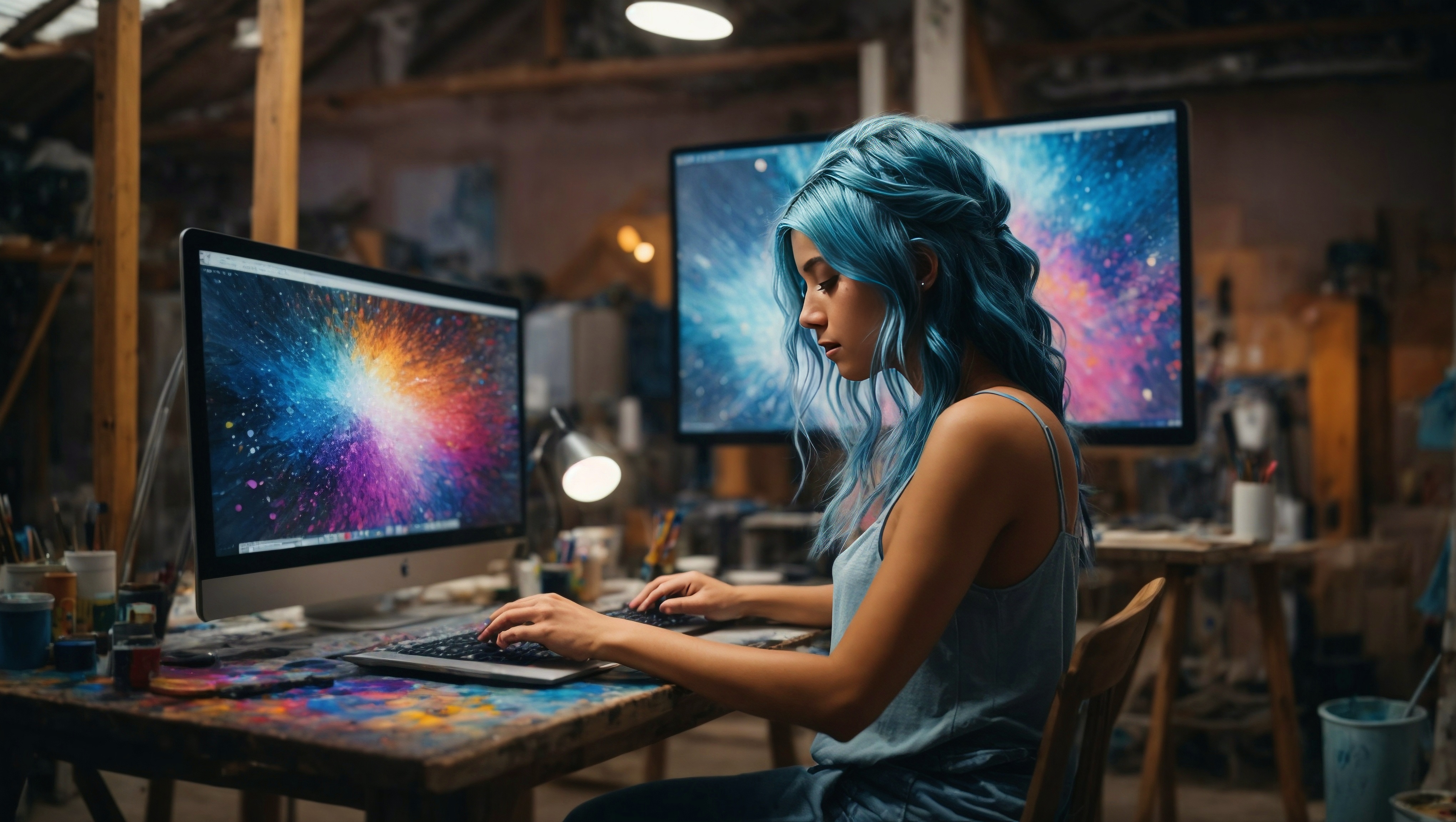 Бесплатное фото Женщина использует компьютер в своей мастерской