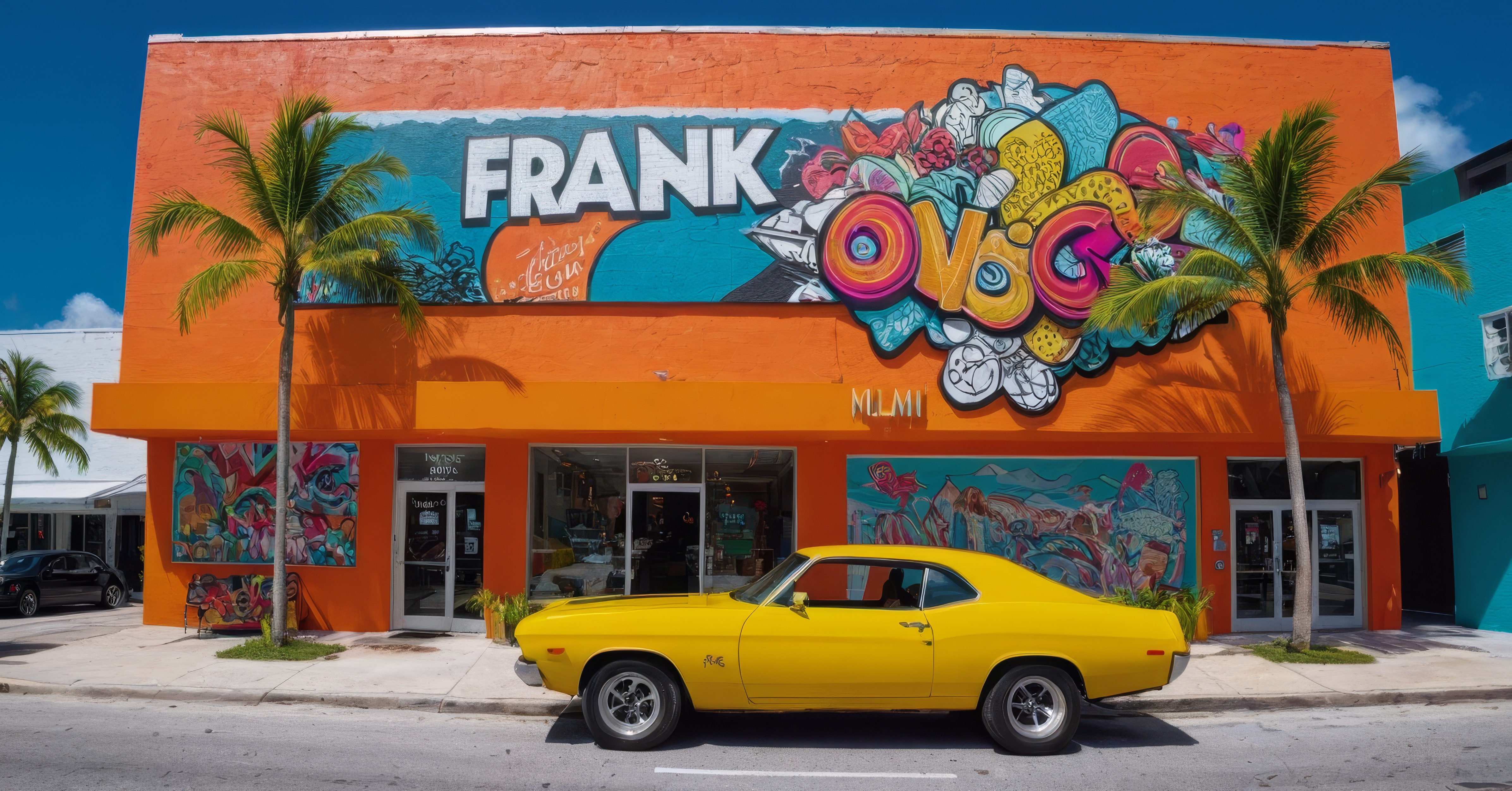 Бесплатное фото Желтый автомобиль стоит у входа в магазин, построенный в коралловом цвете.