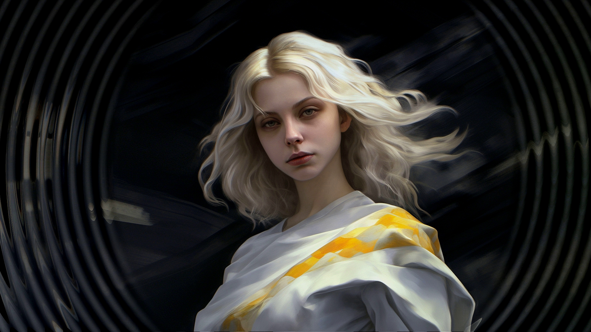 Drawing of a blonde girl on a dark background