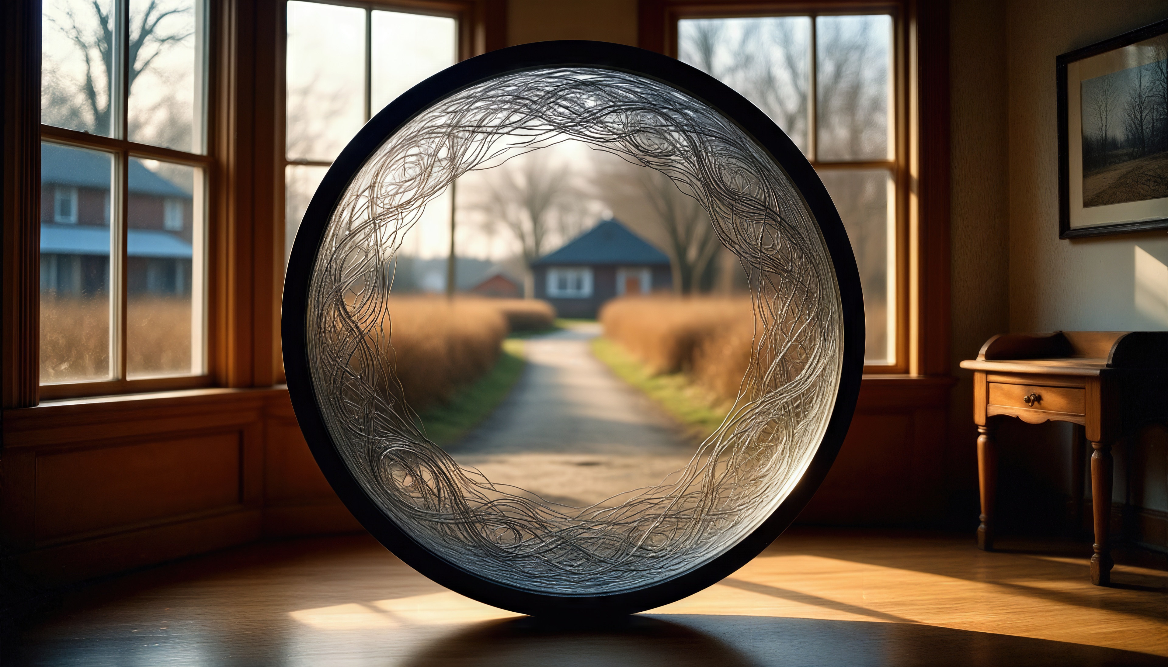 Бесплатное фото Уютная комната, зеркало с художественным узором, за ним - сельский ландшафт.