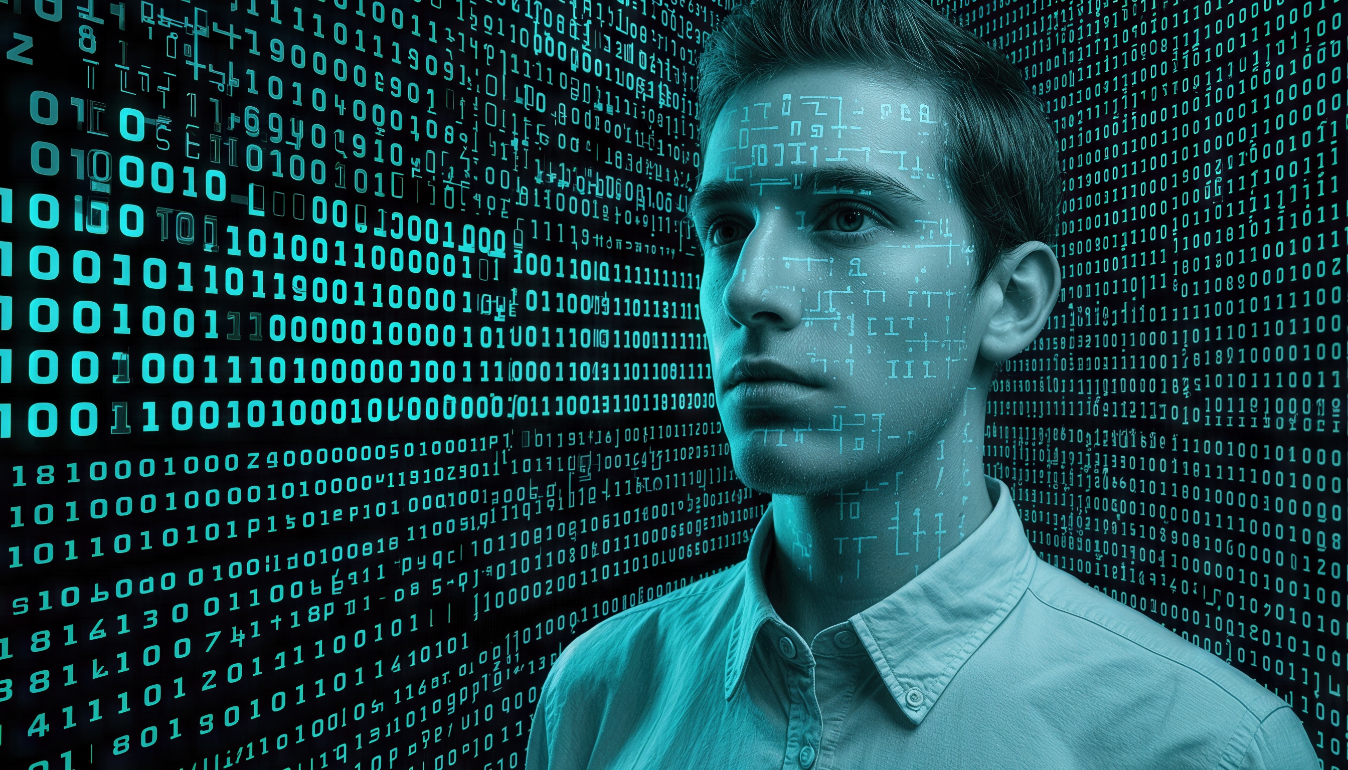 Молодой человек в рубашке с лицом, покрытым двоичным кодом на фоне цифрового пространства.