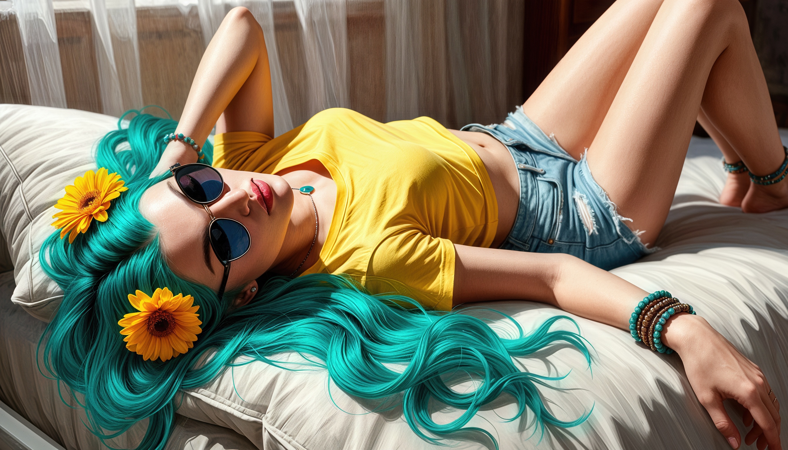 Бесплатное фото Девушка с голубыми волосами и желтыми цветами в волосах, лежащая на белой кровати в желтой футболке и джинсовых шортах.