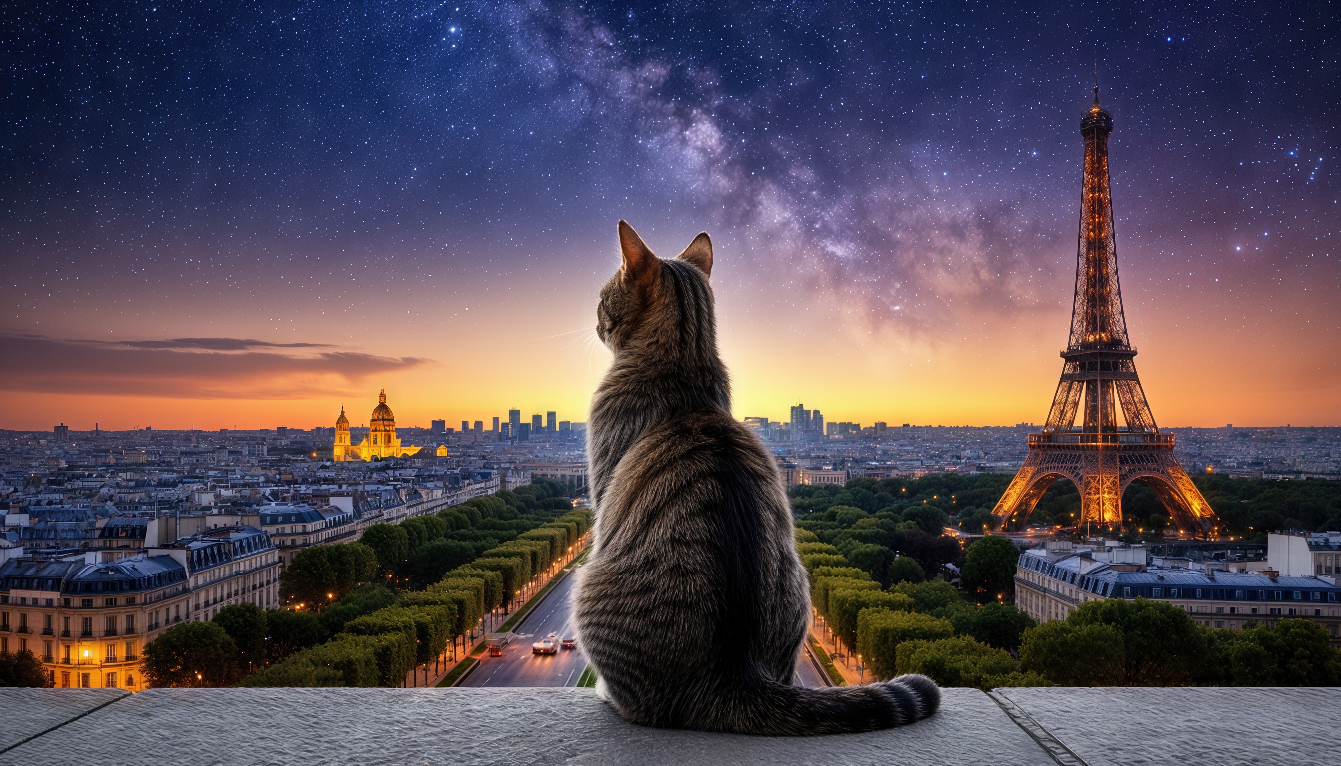 Бесплатное фото Ночью кот на парижской крыше смотрит на город с Эйфелевой башней.