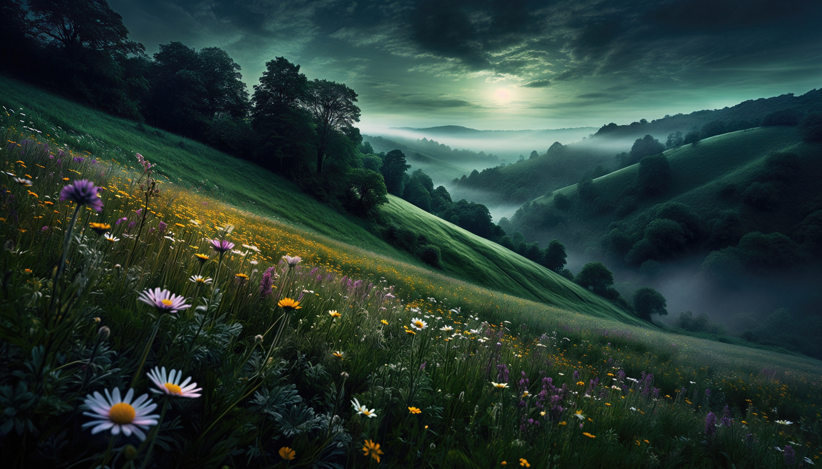 Туманные холмы в объятиях сумеречного неба, усыпанные полевыми цветами.