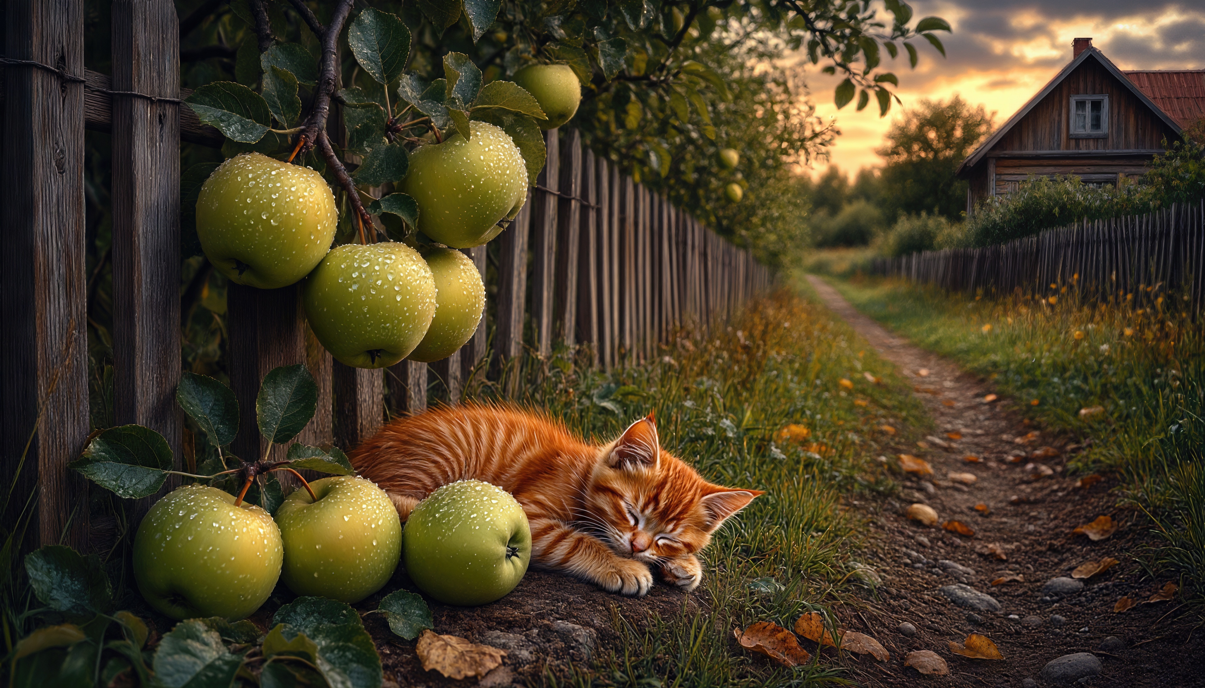 Бесплатное фото Рыжий котёнок сладко спит у яблони с зелёными яблоками.