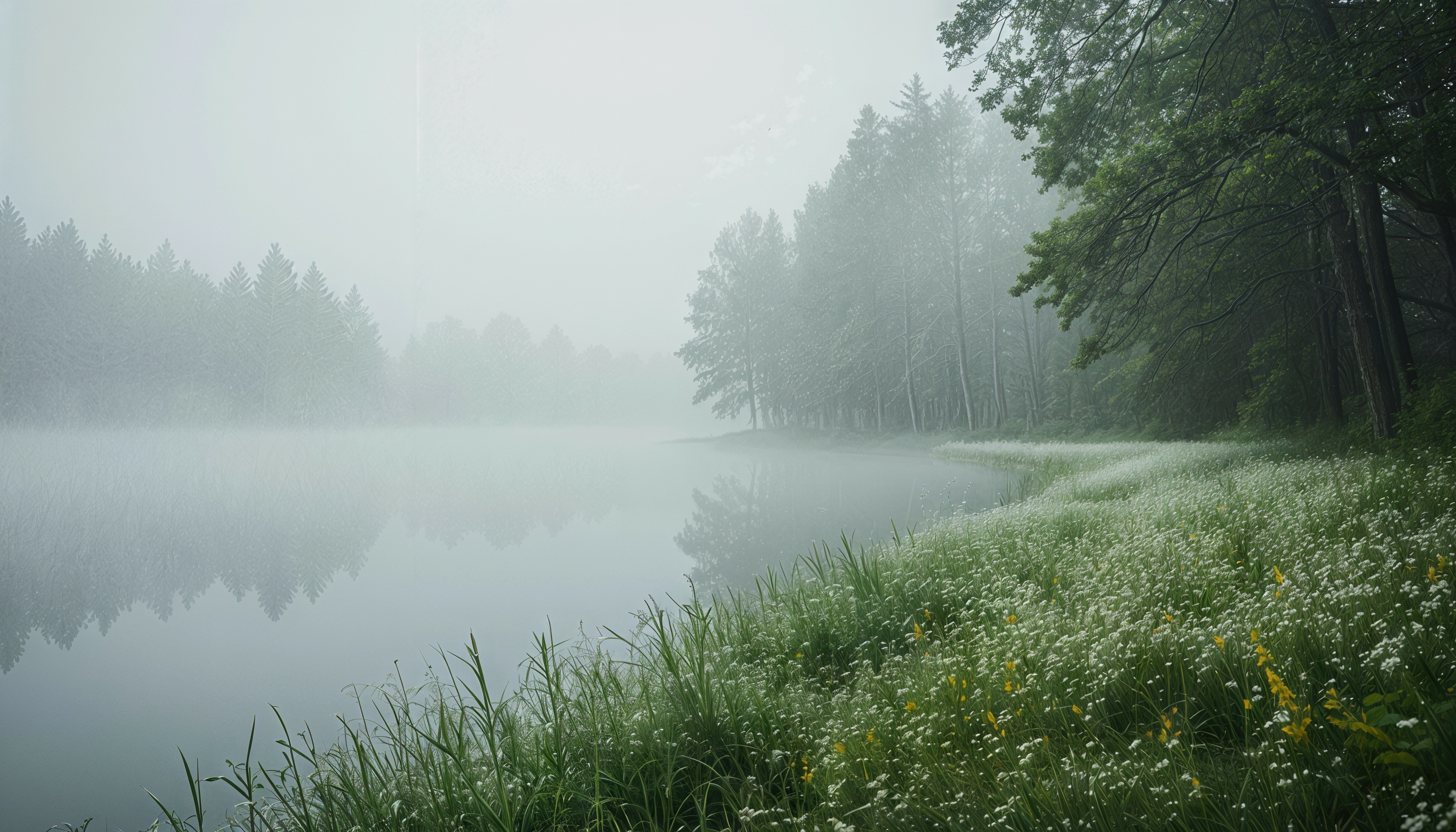 Бесплатное фото Туманное утро над озером в окружении леса и цветущей травы.