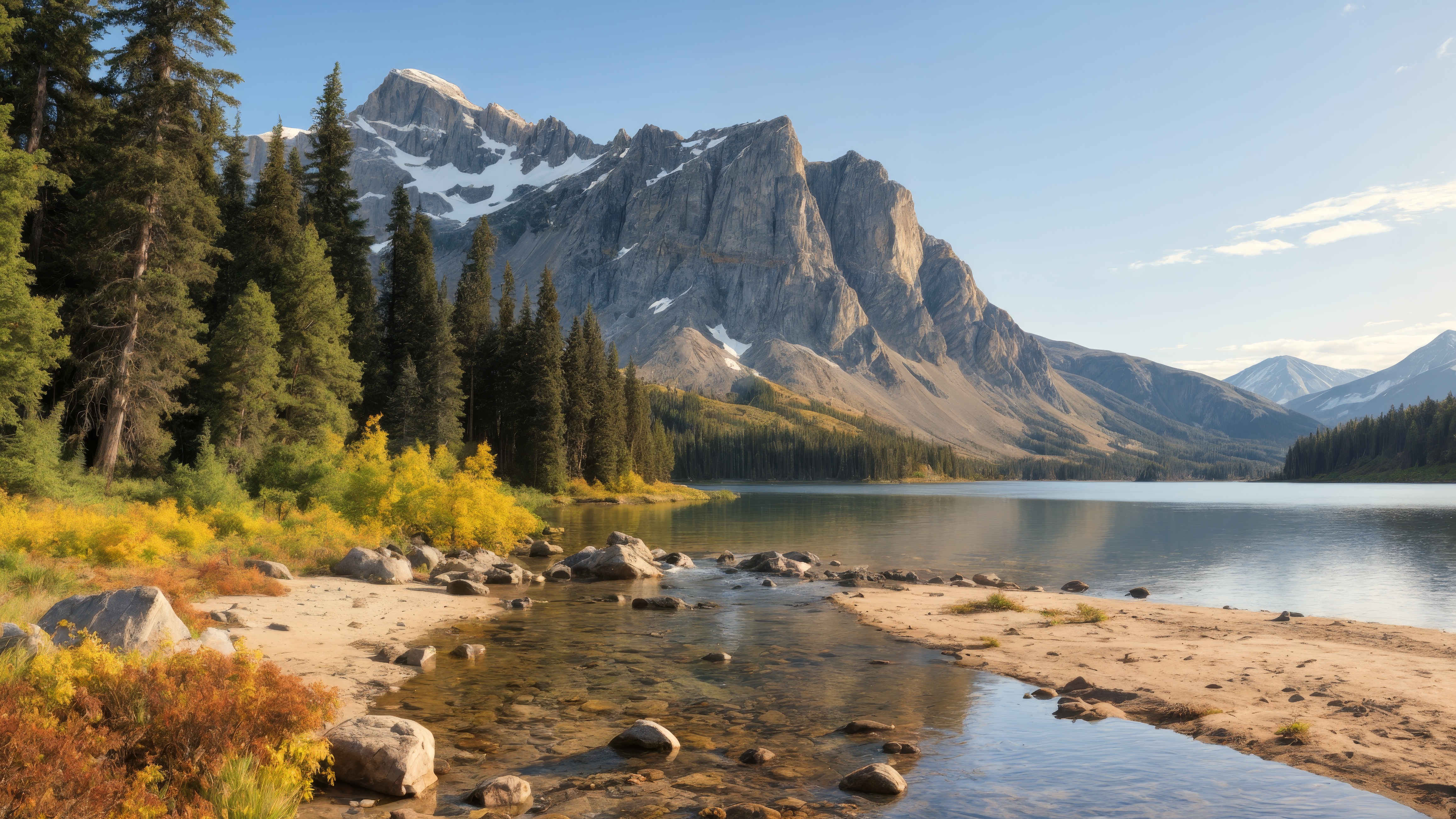Горный пейзаж с соснами и водоемом
