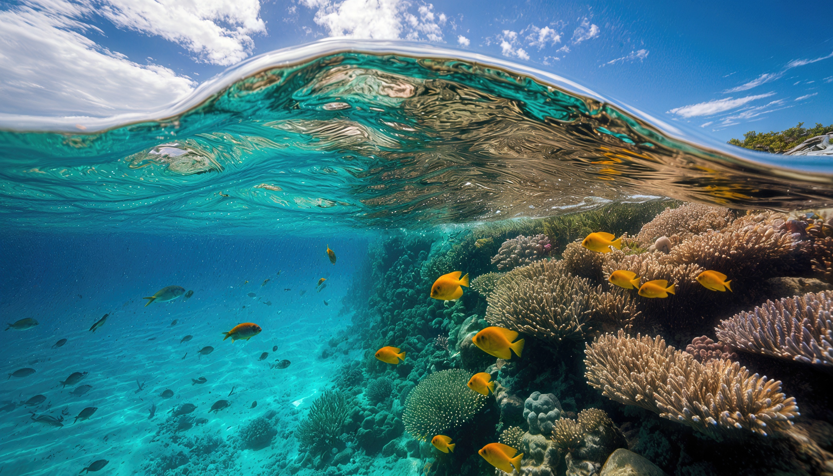 Бесплатное фото Разрез морской глади открывает подводный мир с коралловыми рифами и морскими обитателями