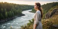 Девушка в лёгком платье задумчиво смотрит на извилистую реку, окружённую густым лесом.