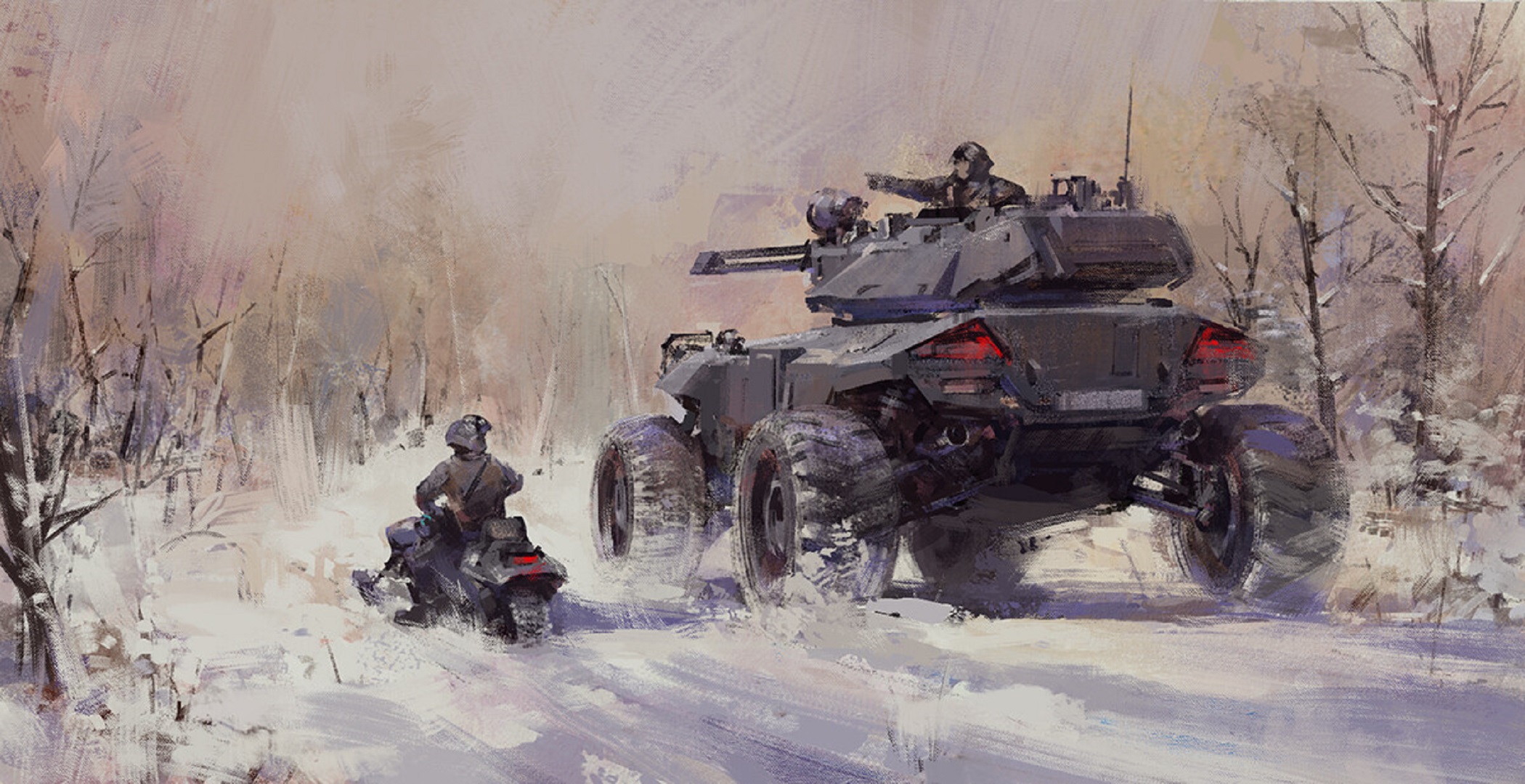 雪林中的轮式坦克