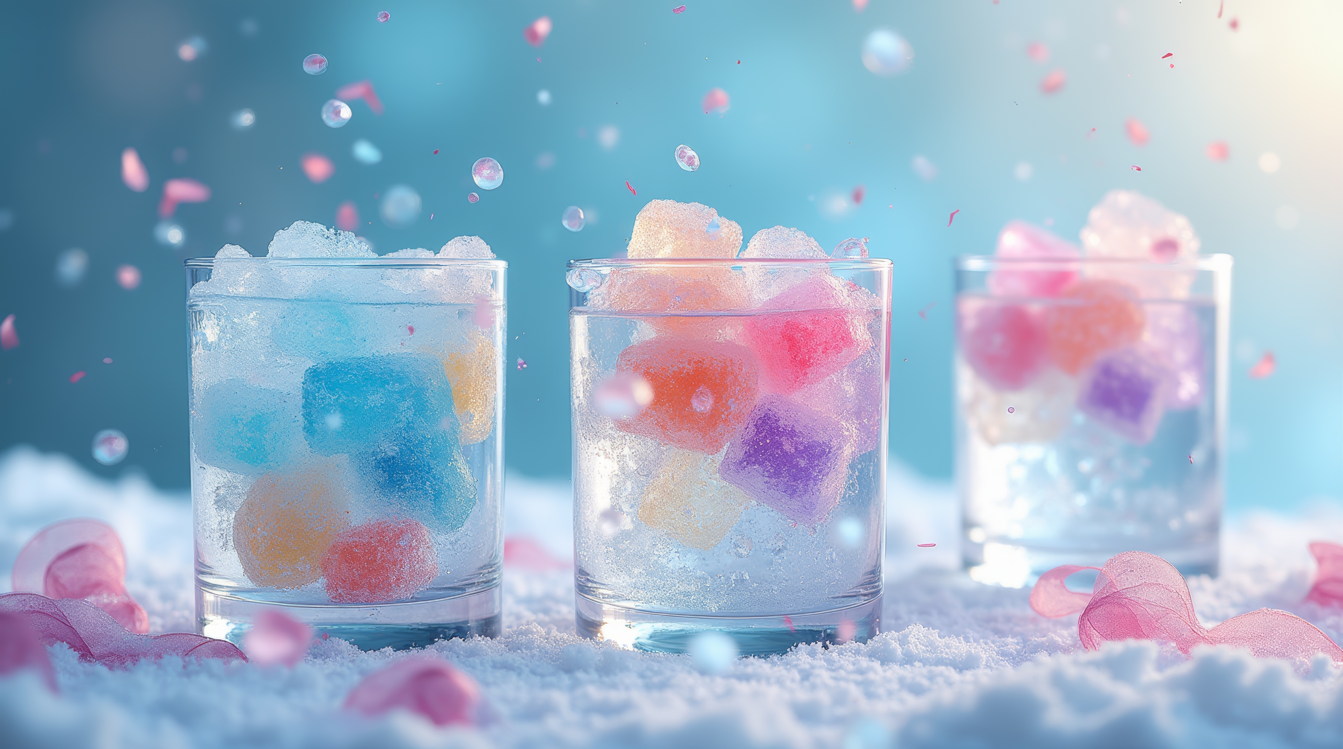 Бесплатное фото Разноцветные кубики сахара на льду на фоне неба