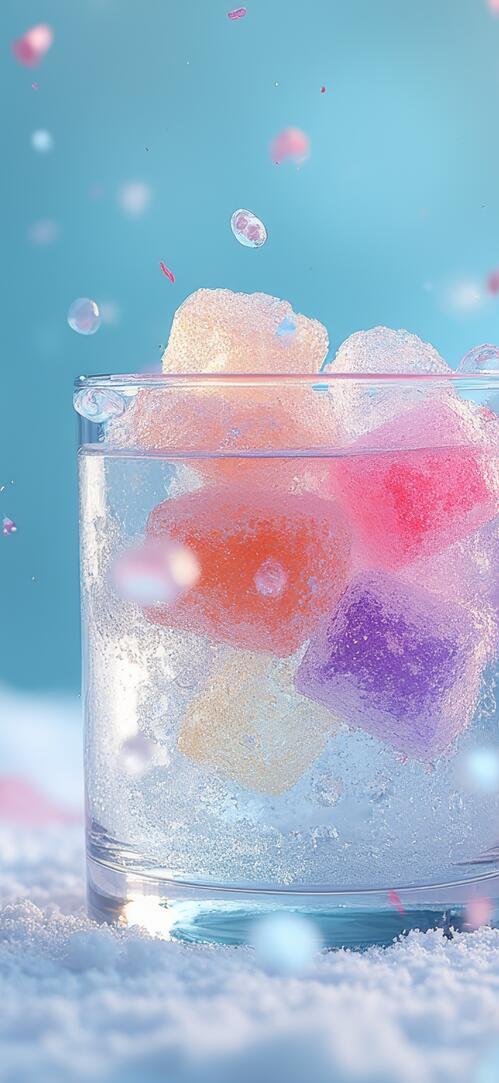 Бесплатное фото Разноцветные кубики сахара на льду на фоне неба