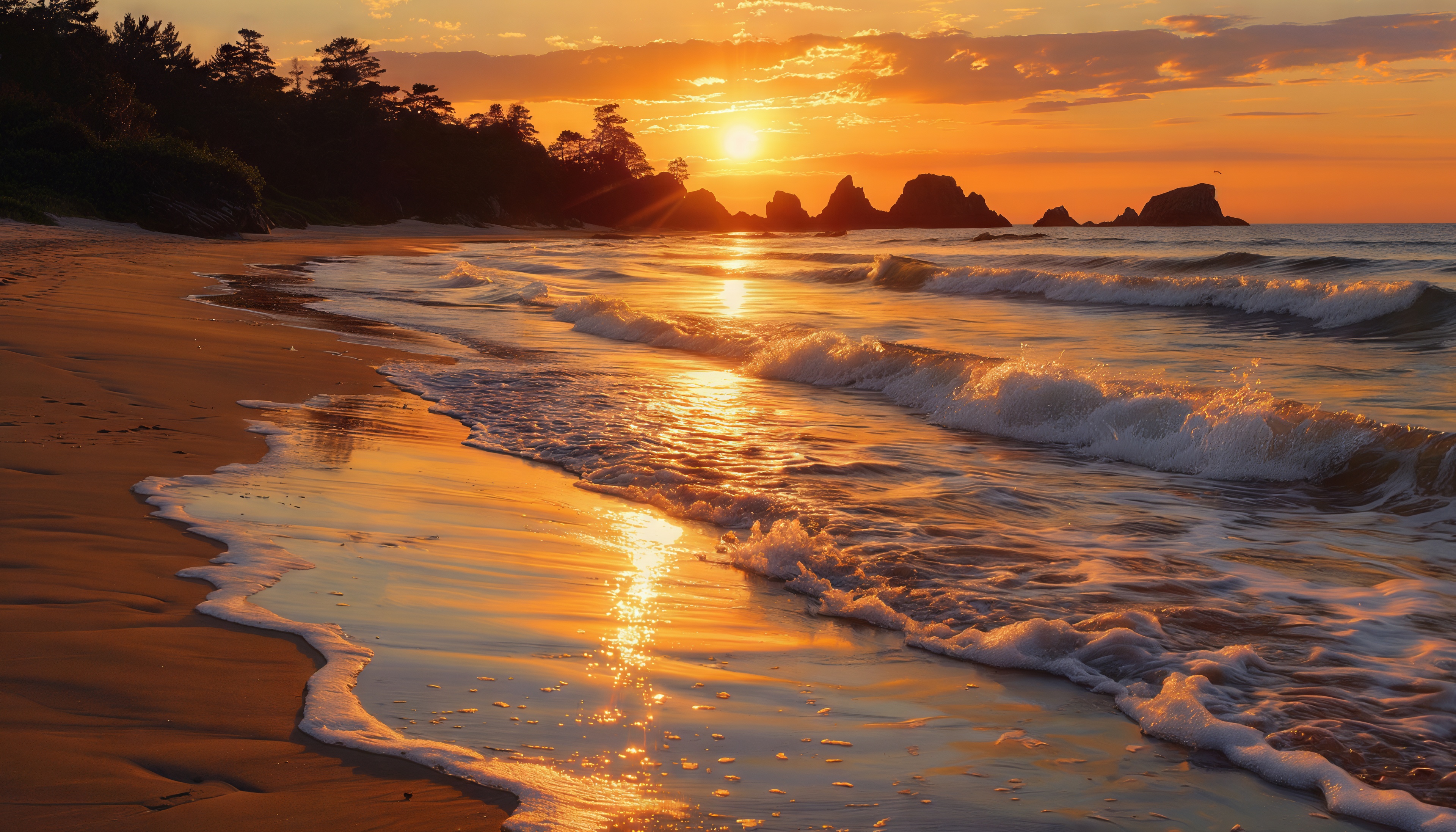 Free photo The golden sunset is reflected in the waves near the sandy shore.