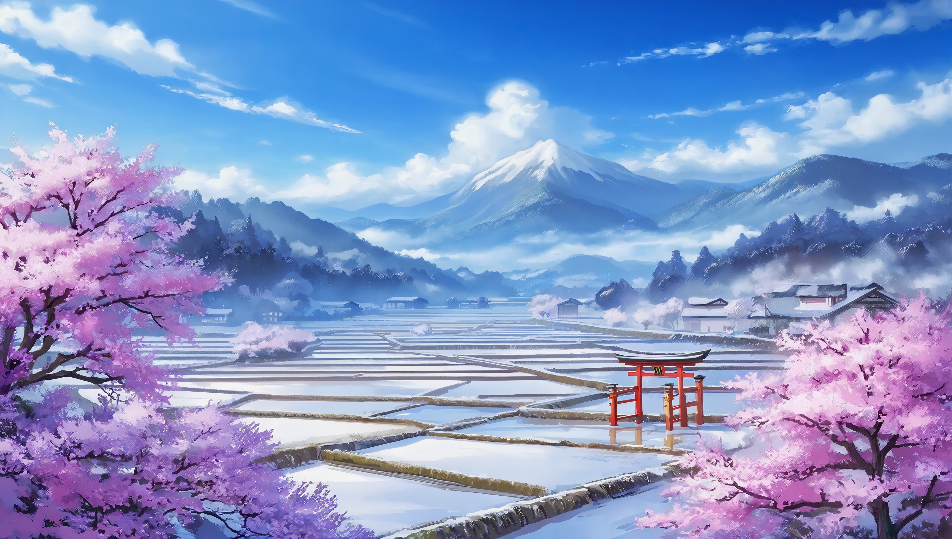 Бесплатное фото Обои на рабочий стол, пейзаж зимой кругом снег, рассвет, впереди среди гор синтоиский храм