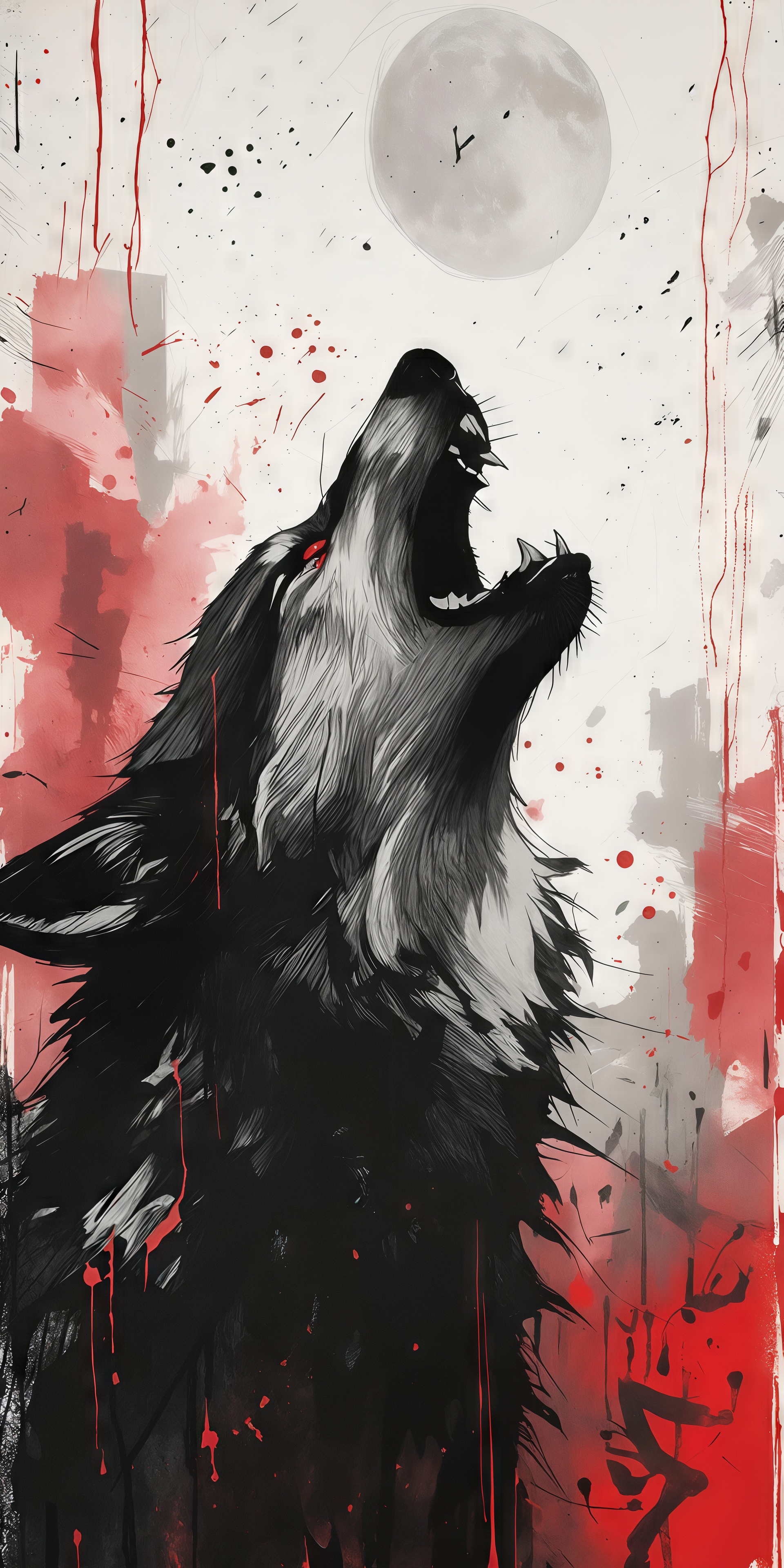 Free photo A wolf howls at the full moon, surrounded by red splashes and smears.