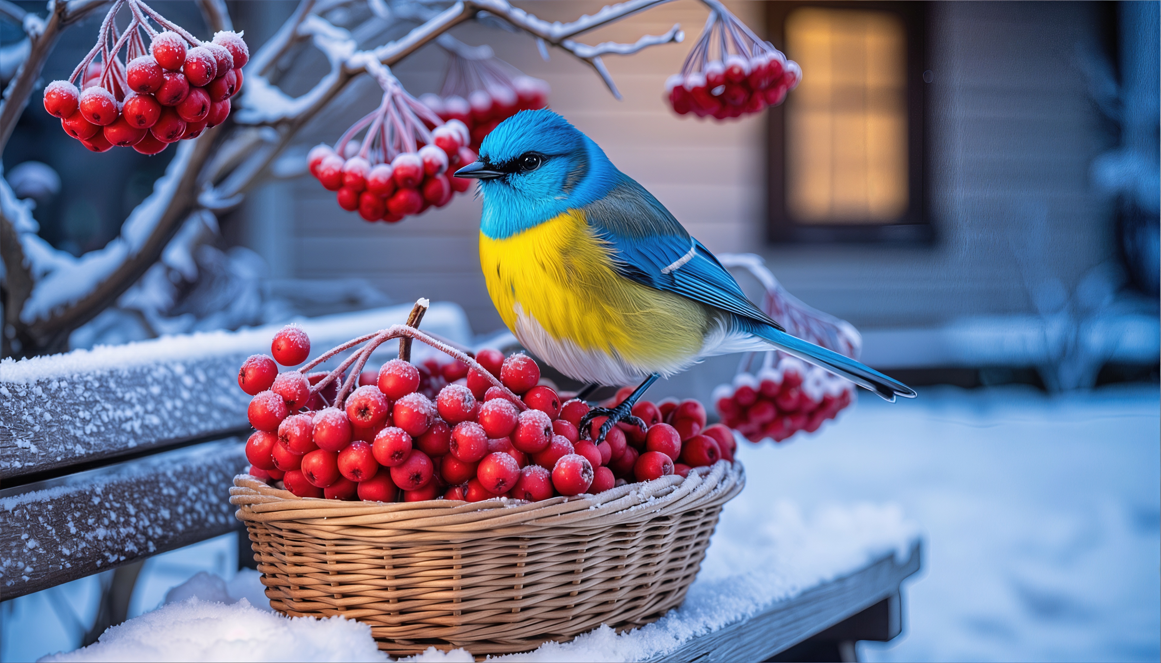 免费照片一个明亮的天蓝色坐在一个白雪复盖的花园里有花楸浆果的篮子上。