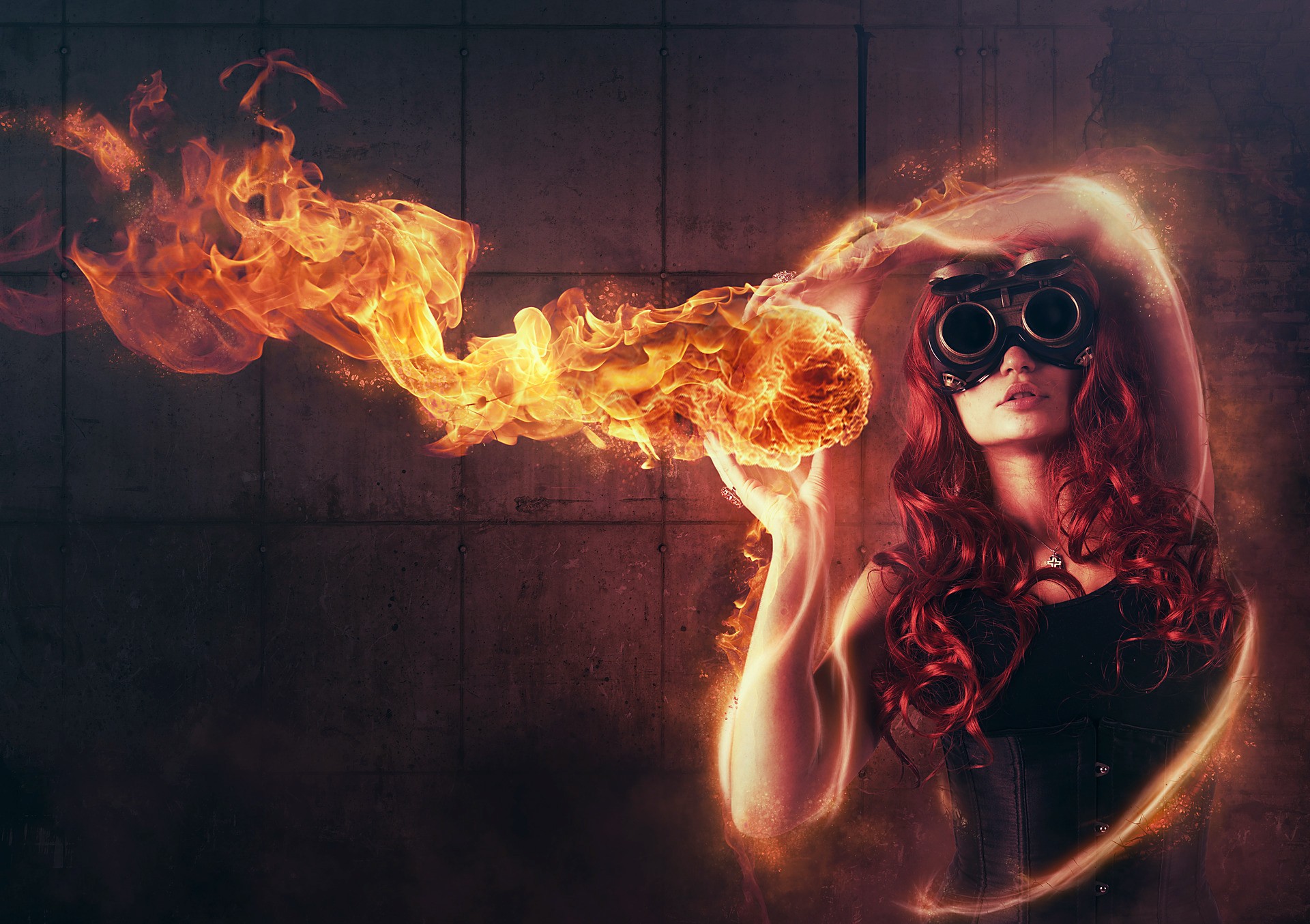 Free photo Rendering of a picture of a girl with fire in her hands