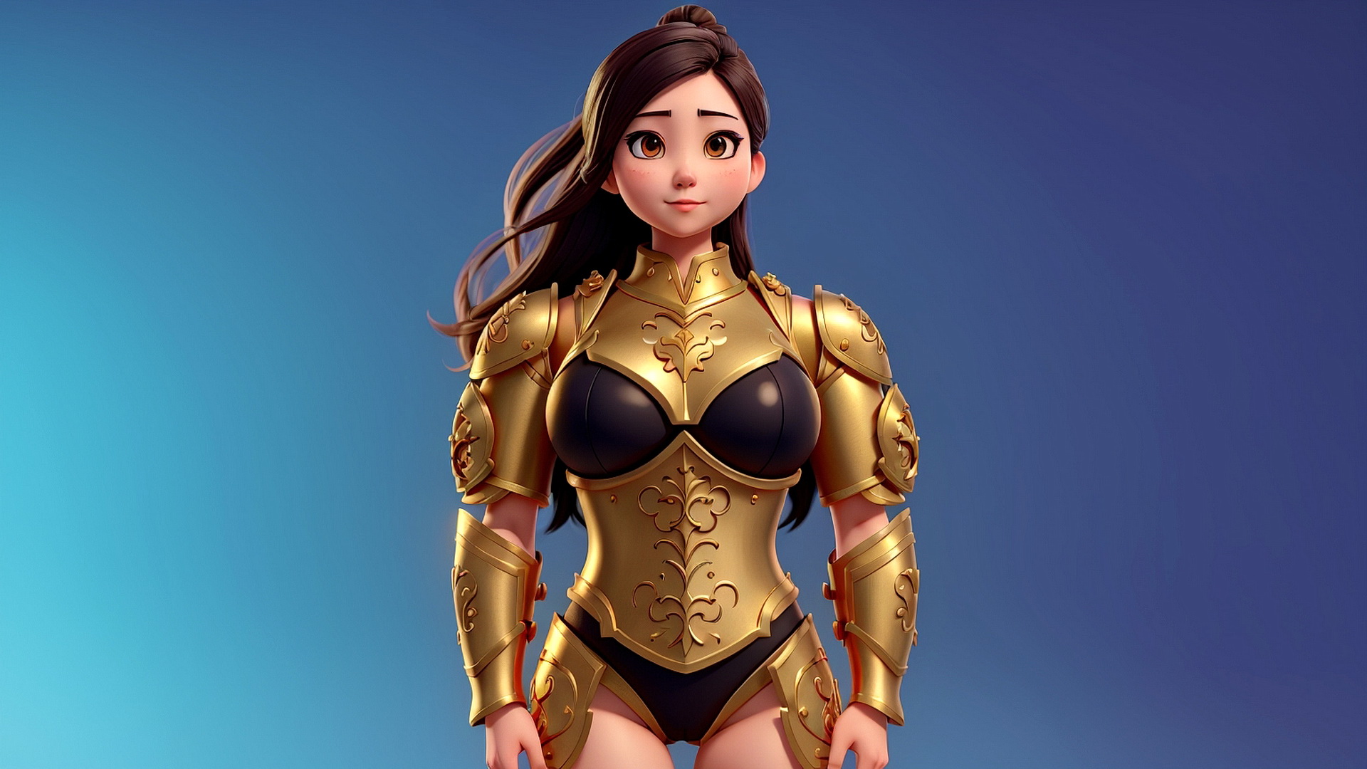 Girl warrior standing in golden armor on blue background