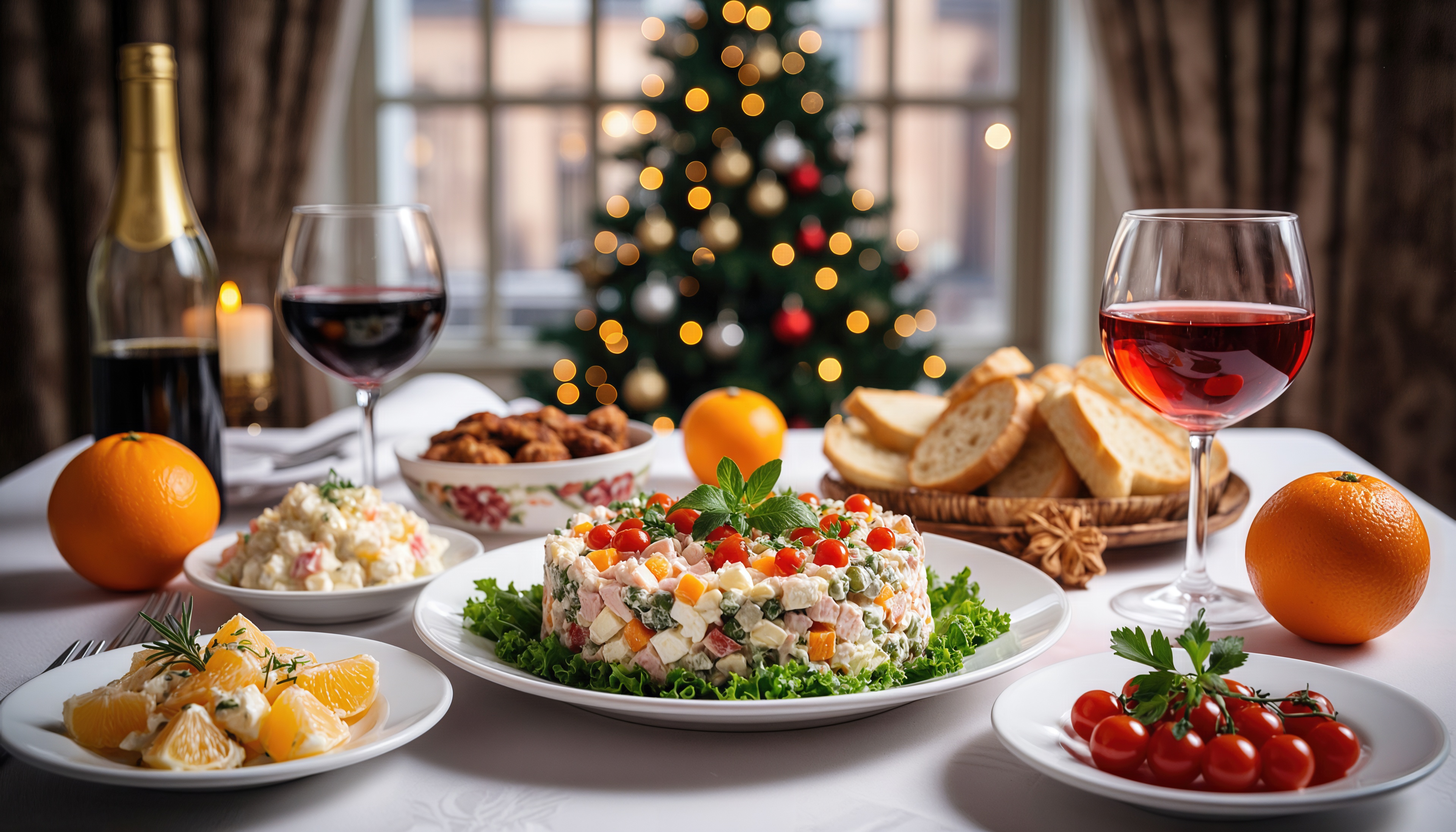 Раздничный стол с оливье, мандаринами и бокалами красного вина у новогодней ёлки.