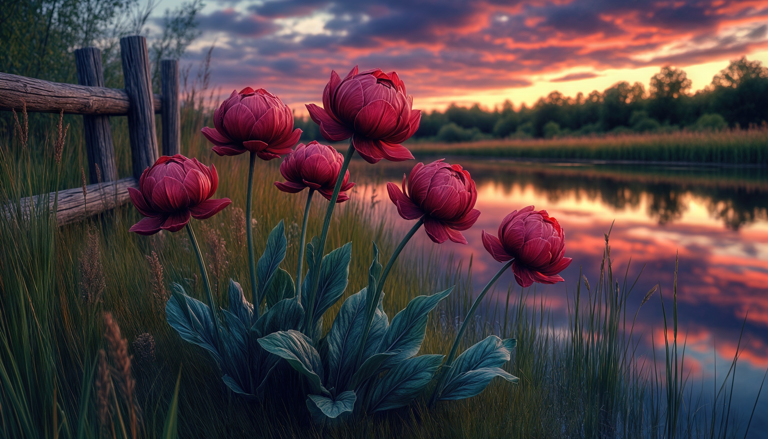 Бесплатное фото Бордовые пионы на фоне закатного неба у воды.