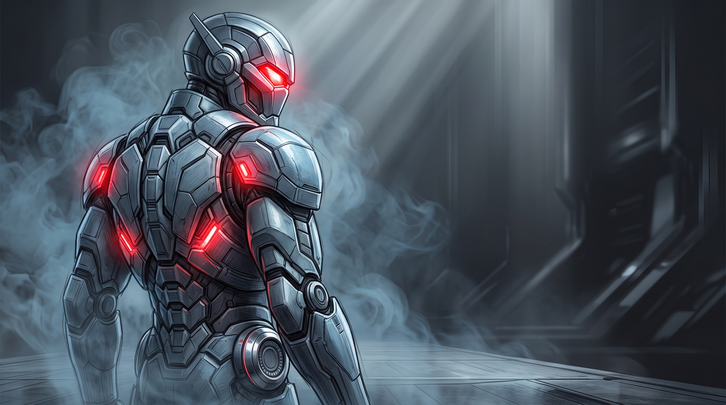 Free photo Futuristic robot in an armored suit with red glowing elements in a foggy hangar