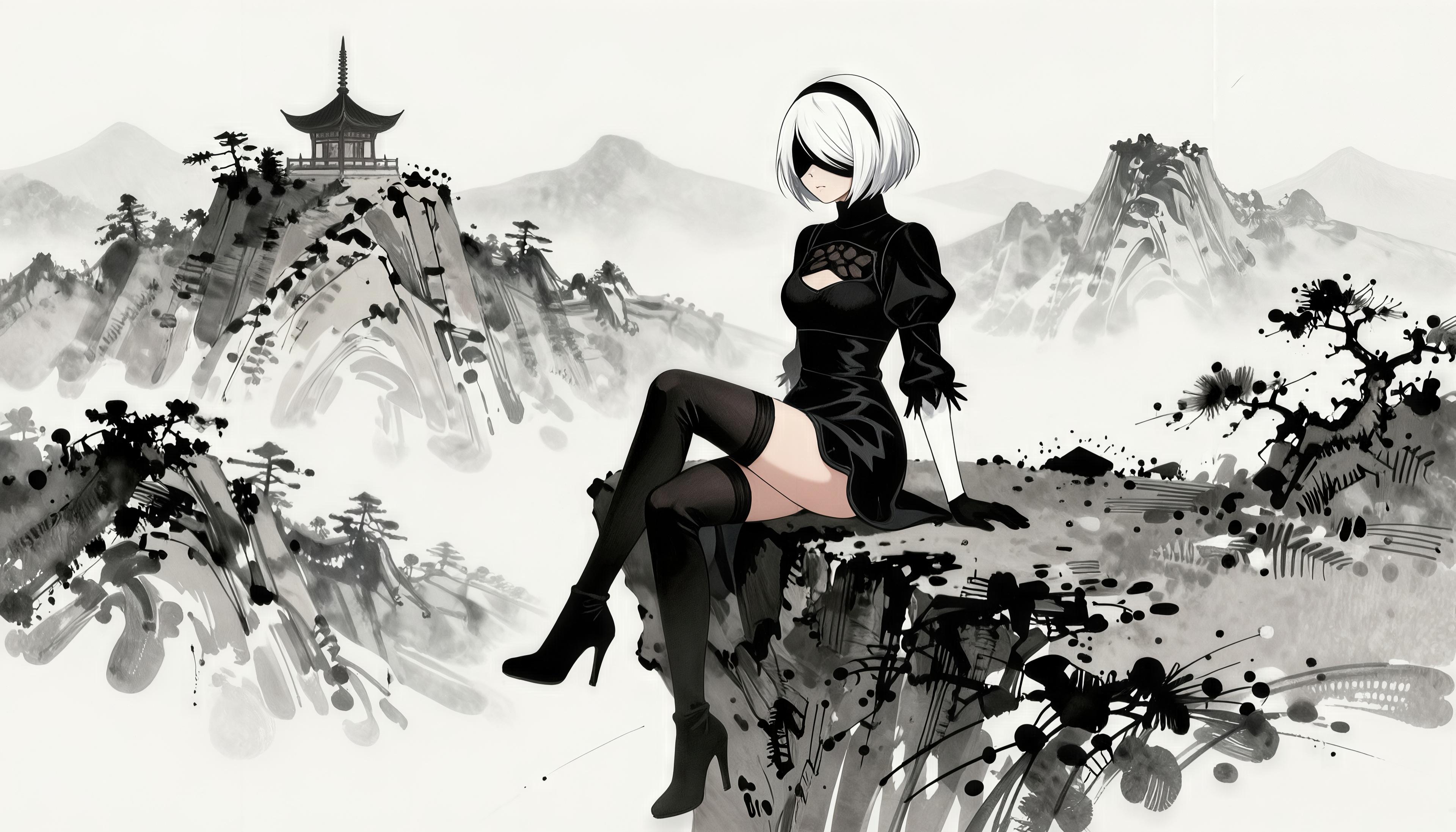 Бесплатное фото 2B из Nier Automata сидит на скале в монохромном восточном пейзаже.