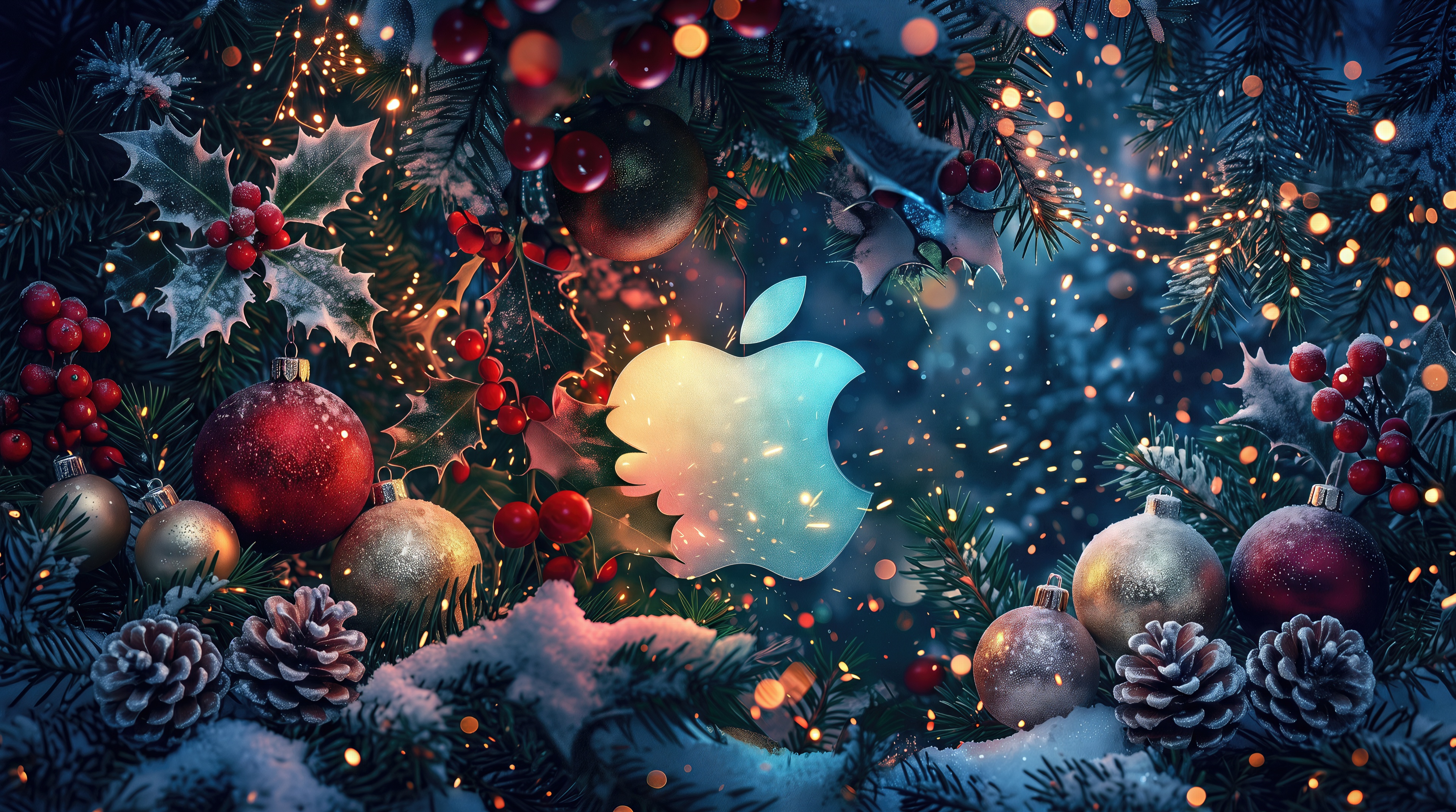 Free photo Glowing Apple logo in the center of snow-covered fir branches with Christmas balls, cones and lights of garlands.