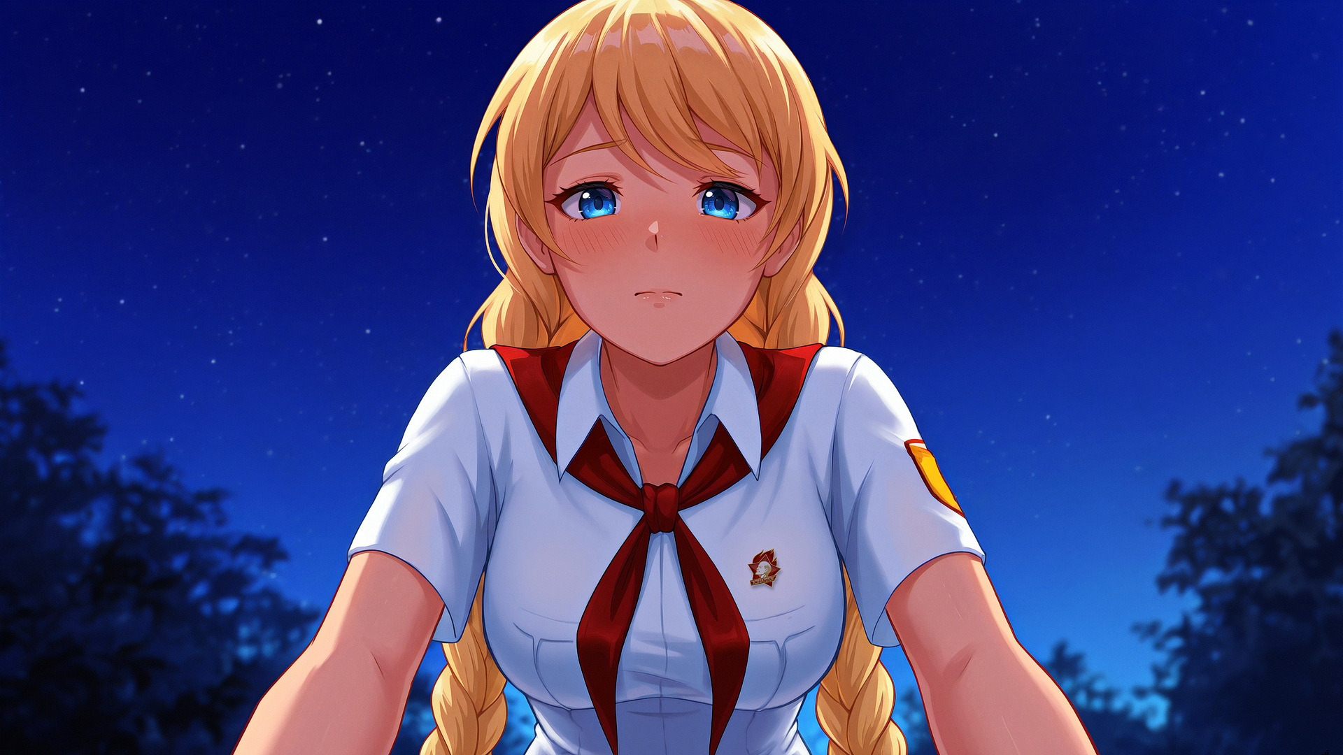 Бесплатное фото Славя в пионерской форме на фоне ночного неба игра бесконечное лето