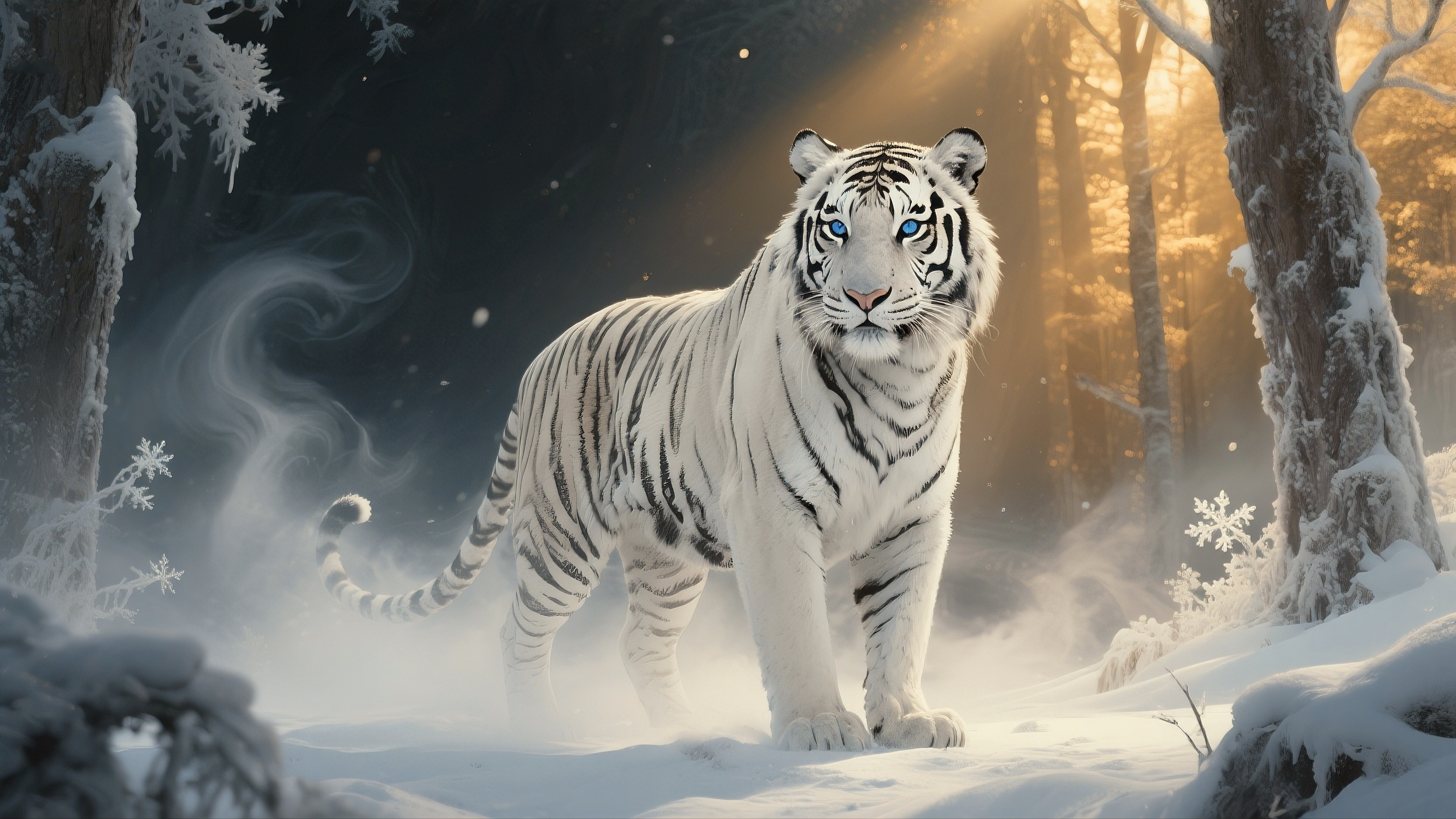 A white tiger is walking in the snow