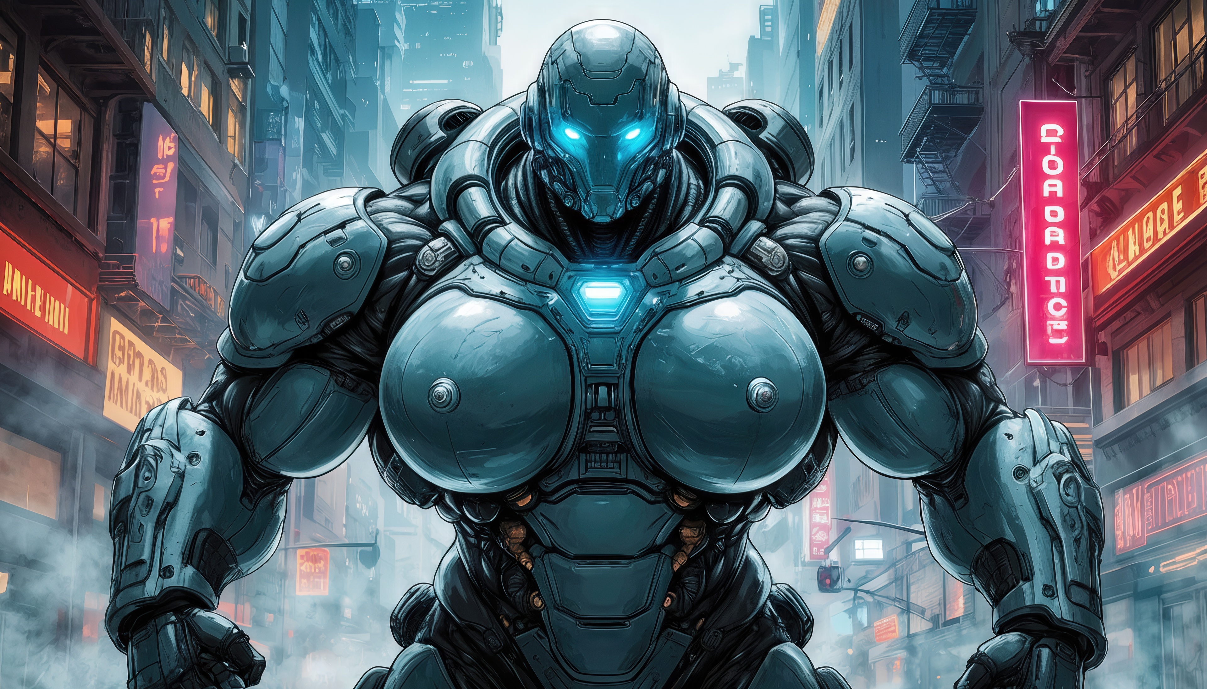 Free photo Provocative design of a heavy android robot with accentuated metal shapes in a neon city.
