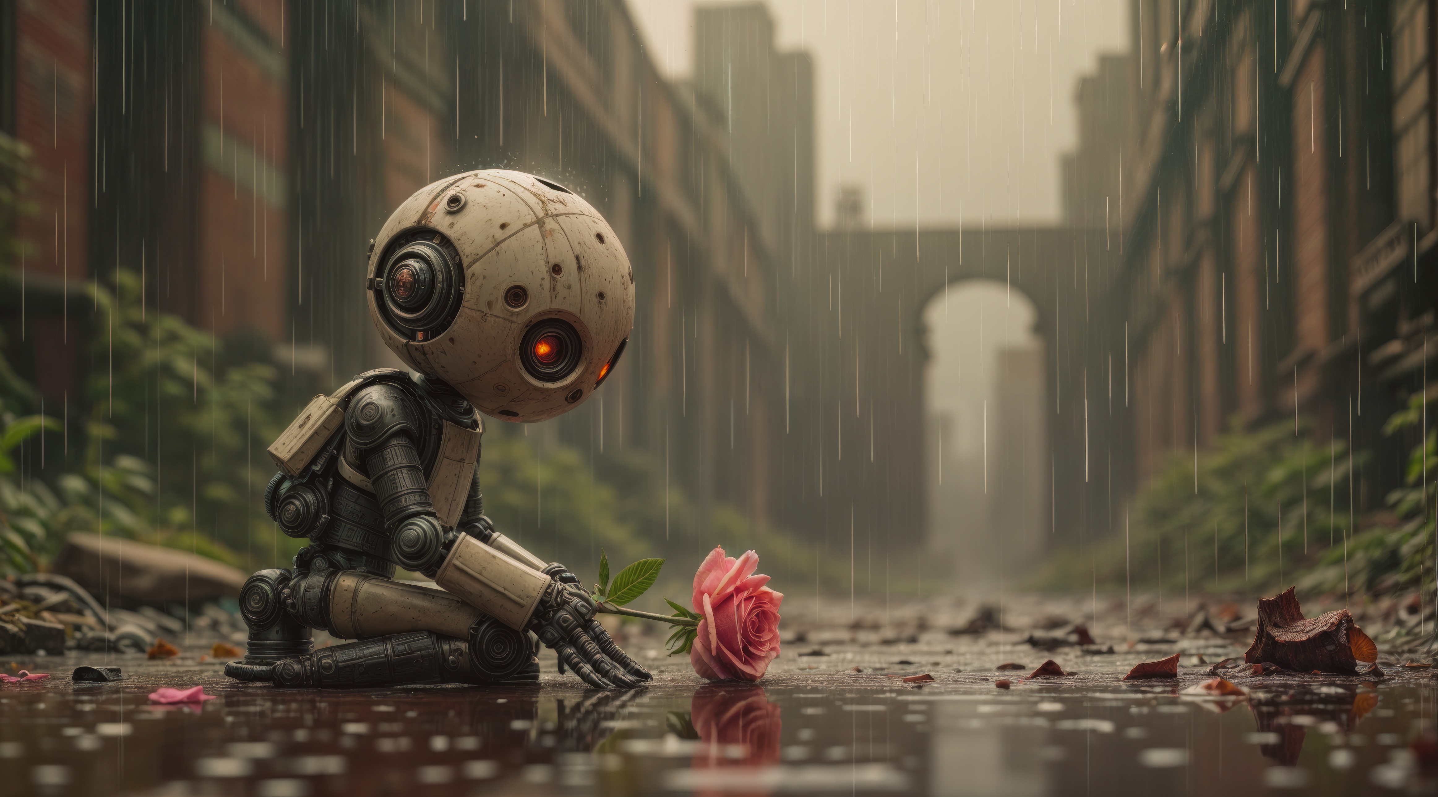 Free photo A toy sitting on top of a puddle next to a flower