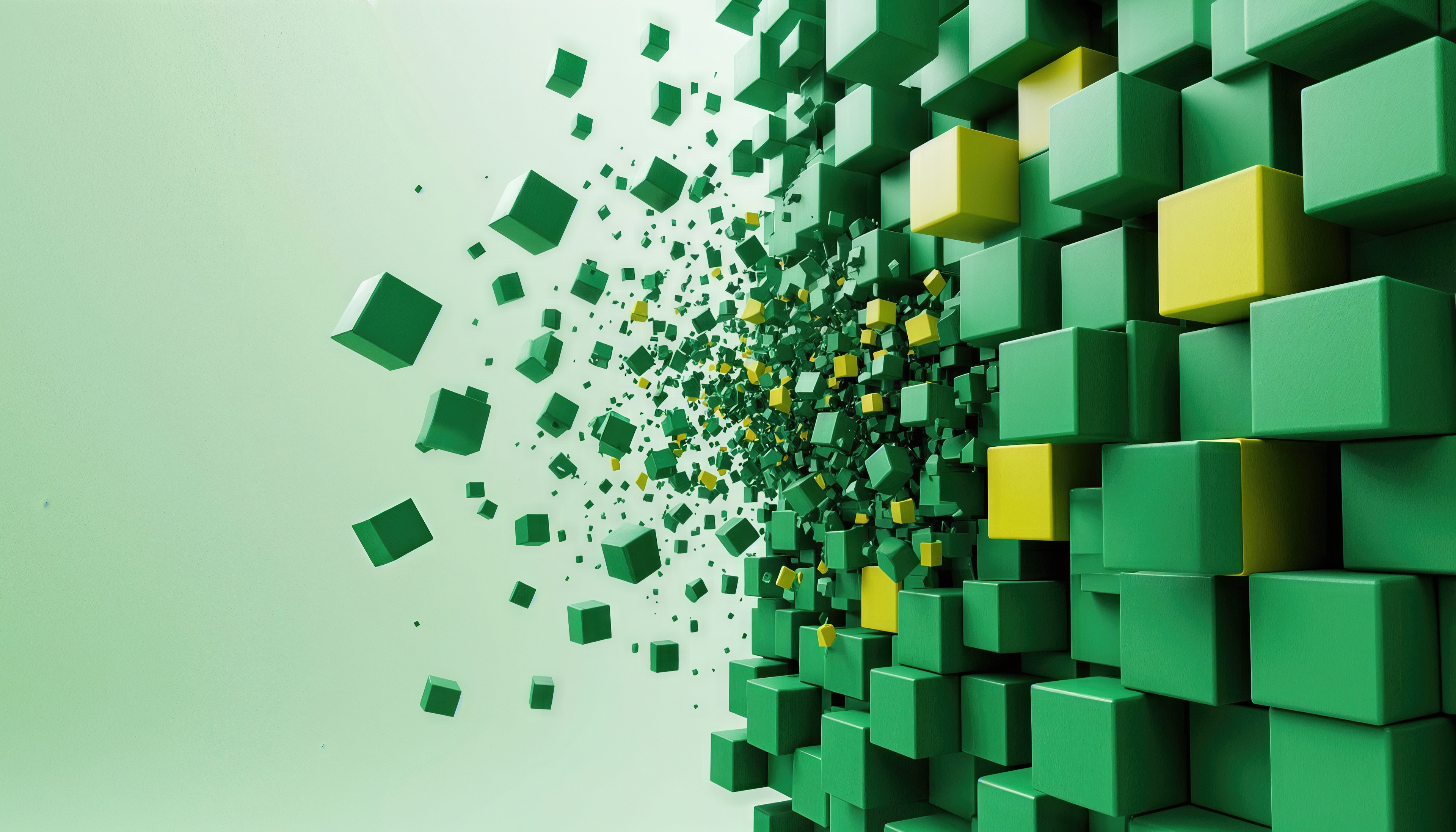 Abstract 3D art with flying green and yellow cubes on a light background.