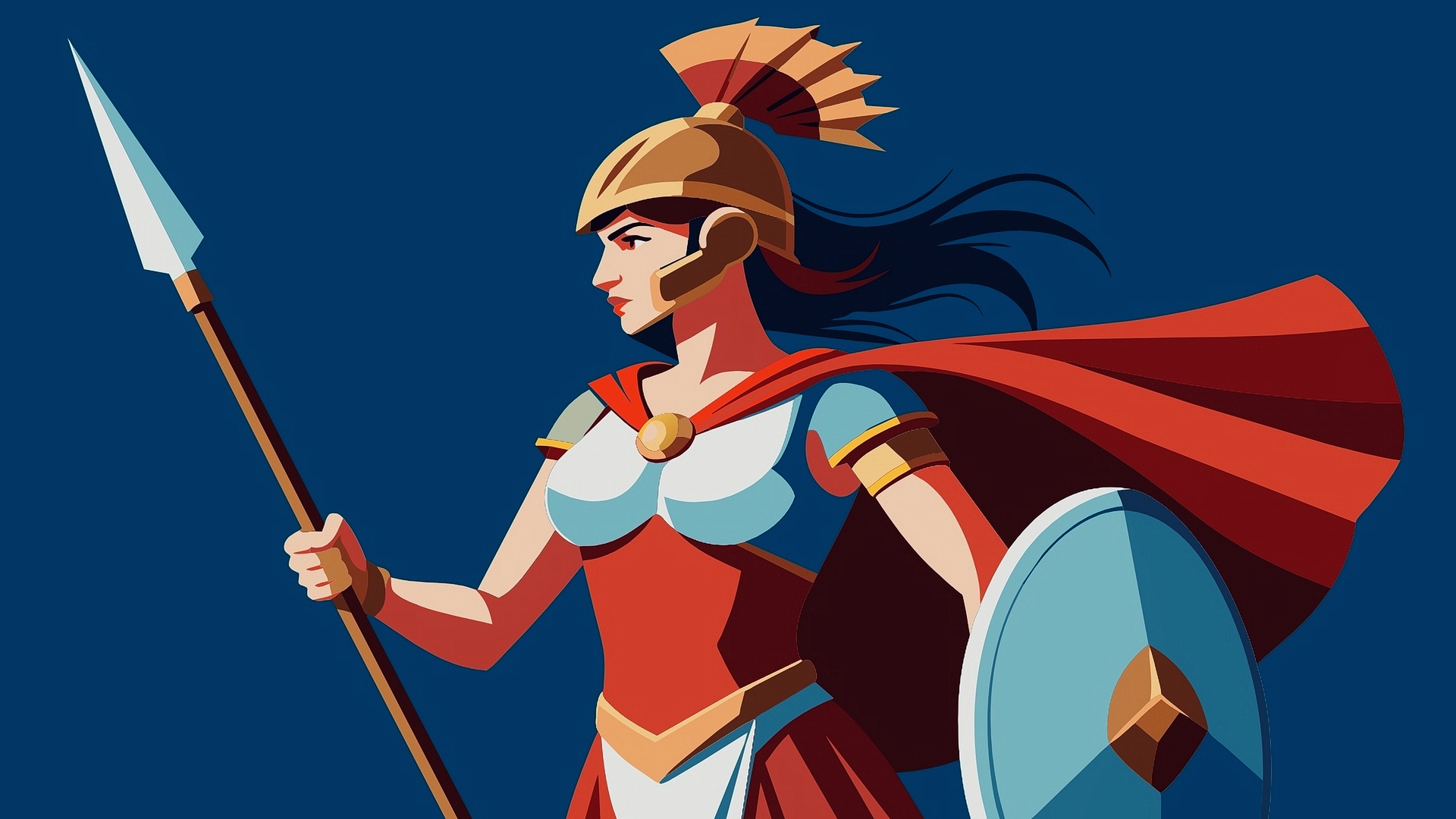 Girl warrior with spear and shield on blue background
