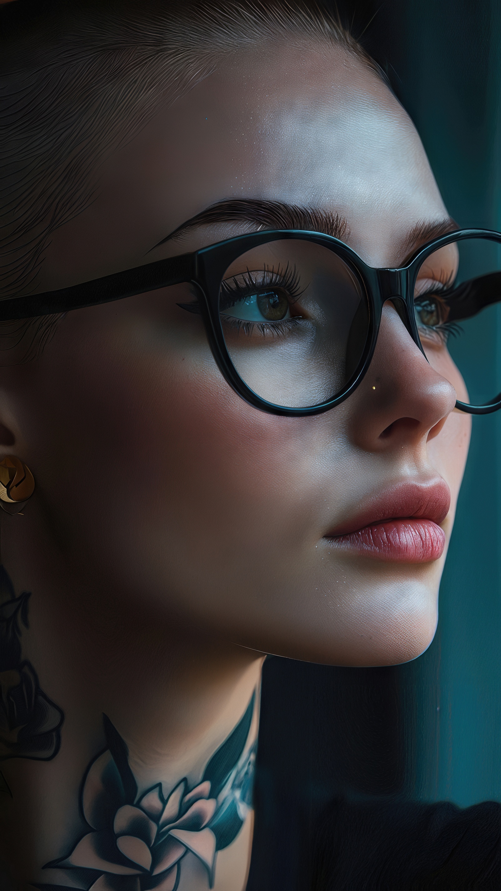 Портрет женщины в очках с серьгой и татуировкой в виде цветка на шее на темном фоне.