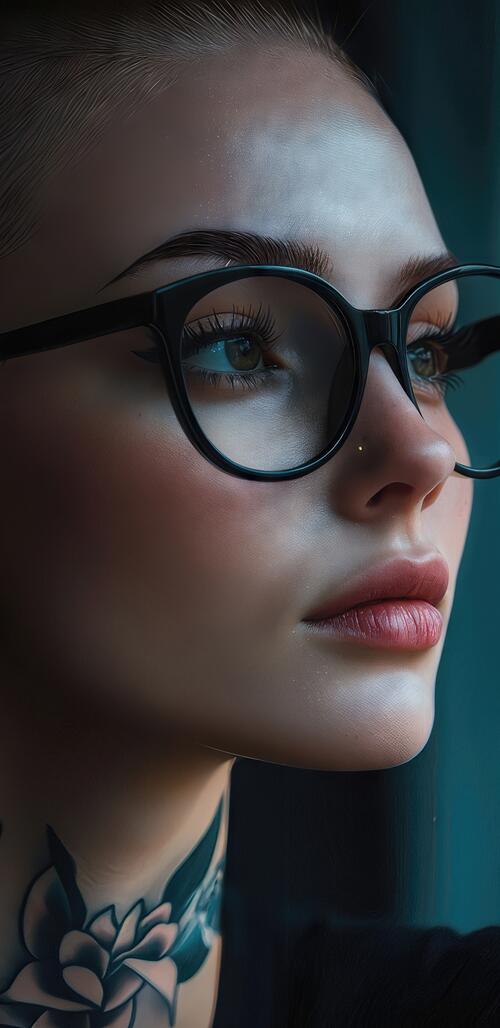 Бесплатное фото Портрет женщины в очках с серьгой и татуировкой в виде цветка на шее на темном фоне.