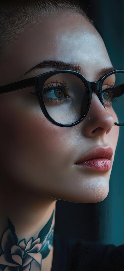 Бесплатное фото Портрет женщины в очках с серьгой и татуировкой в виде цветка на шее на темном фоне.