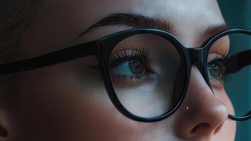 Бесплатное фото Портрет женщины в очках с серьгой и татуировкой в виде цветка на шее на темном фоне.