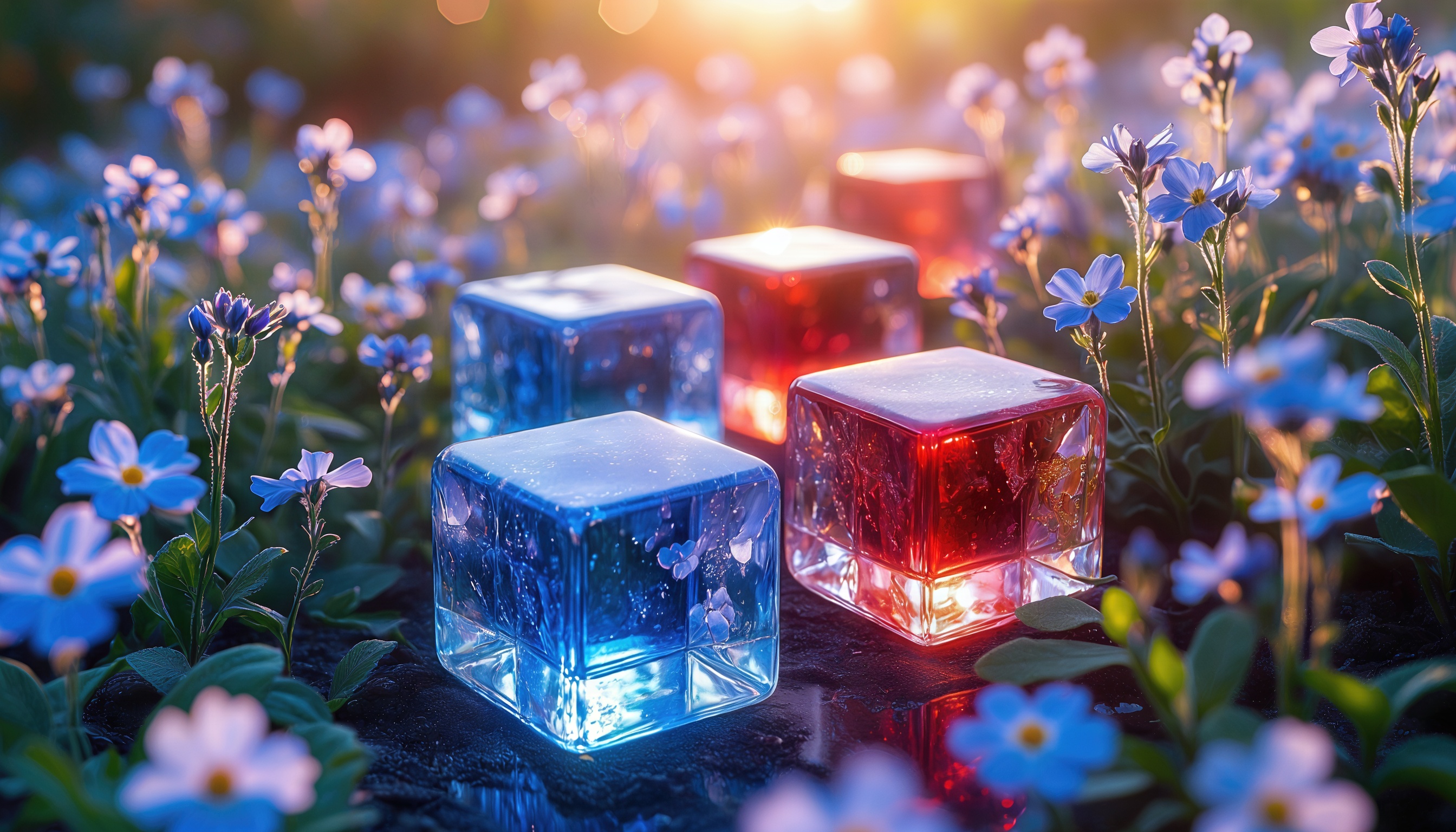 Бесплатное фото Светящиеся кристаллы различных оттенков, окруженных полевыми цветами, создающими атмосферу волшебства и загадочности.