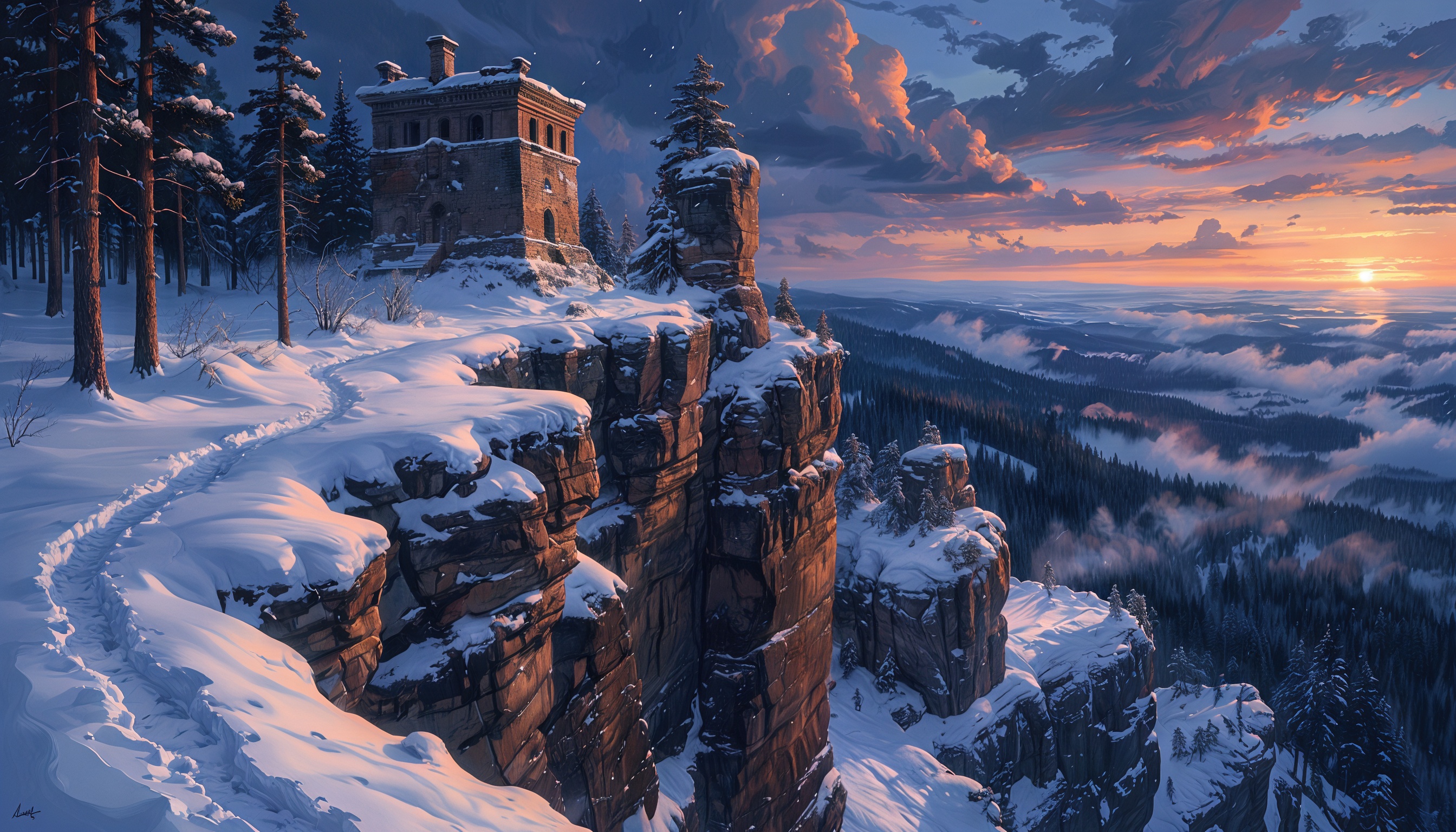 Бесплатное фото Сказочная крепость на вершине заснеженных утёсов.