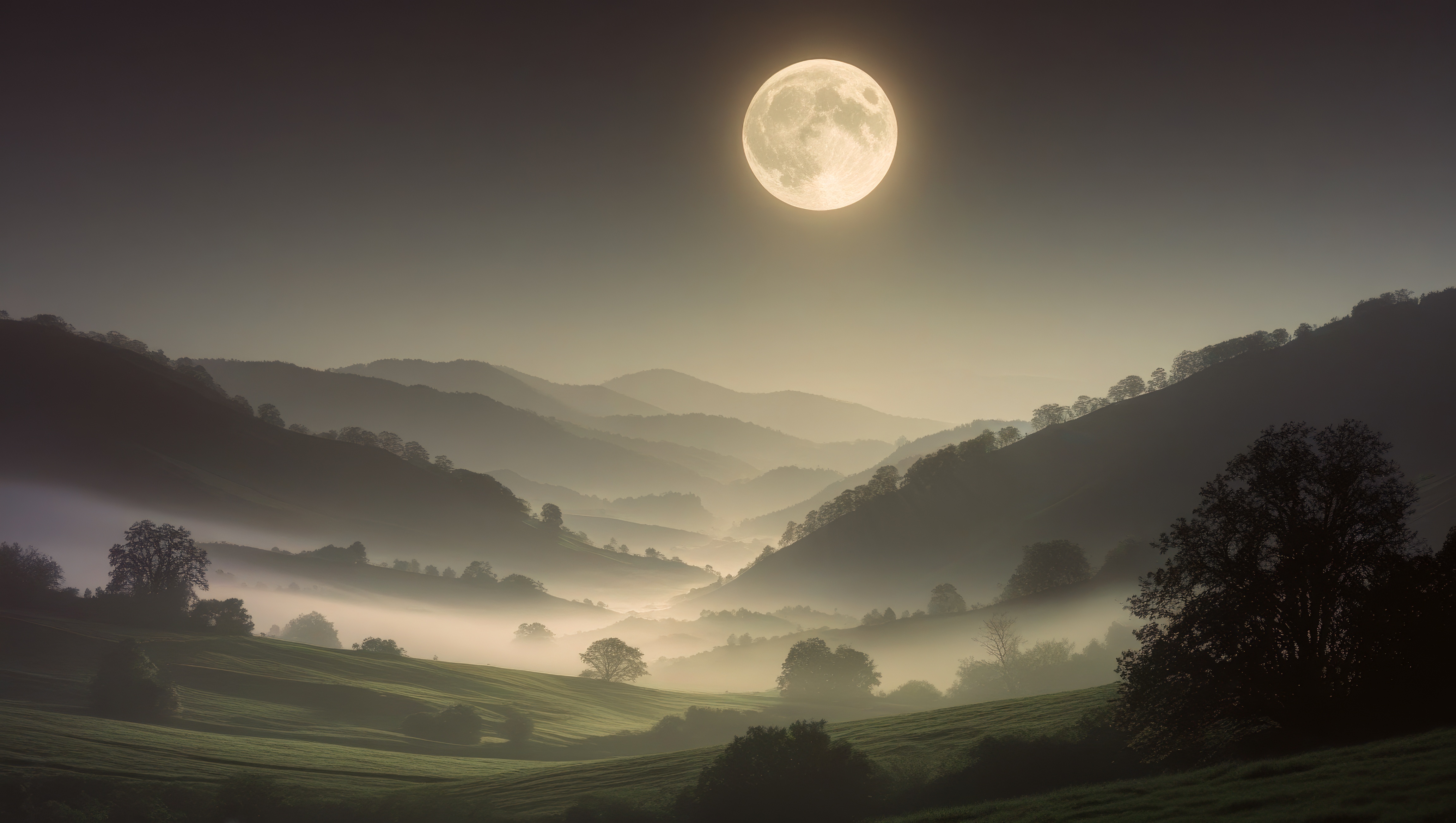 Free photo The full moon is visible over a misty valley
