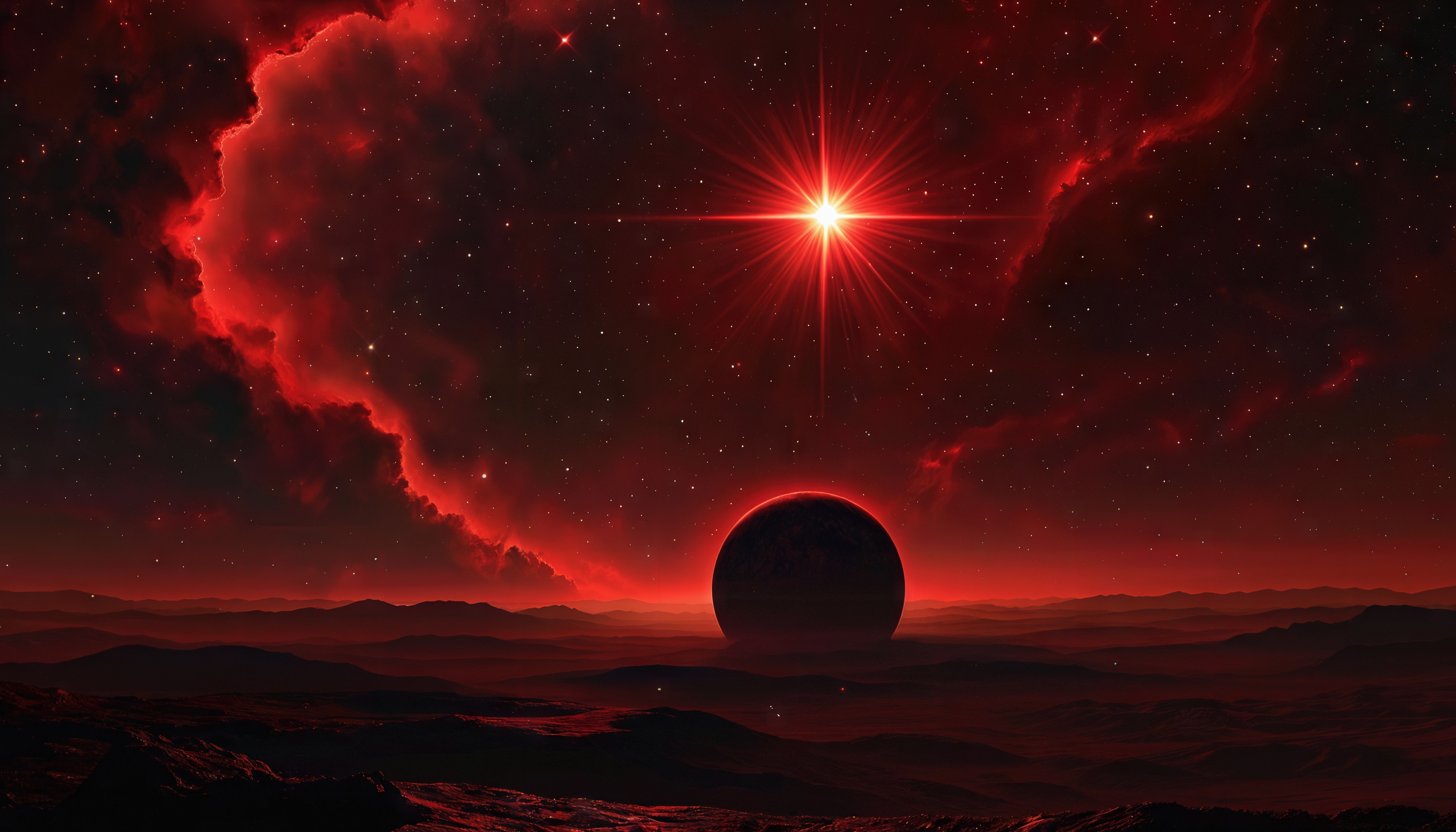 Free photo A red star illuminates a planet in a nebula, a cosmic landscape.