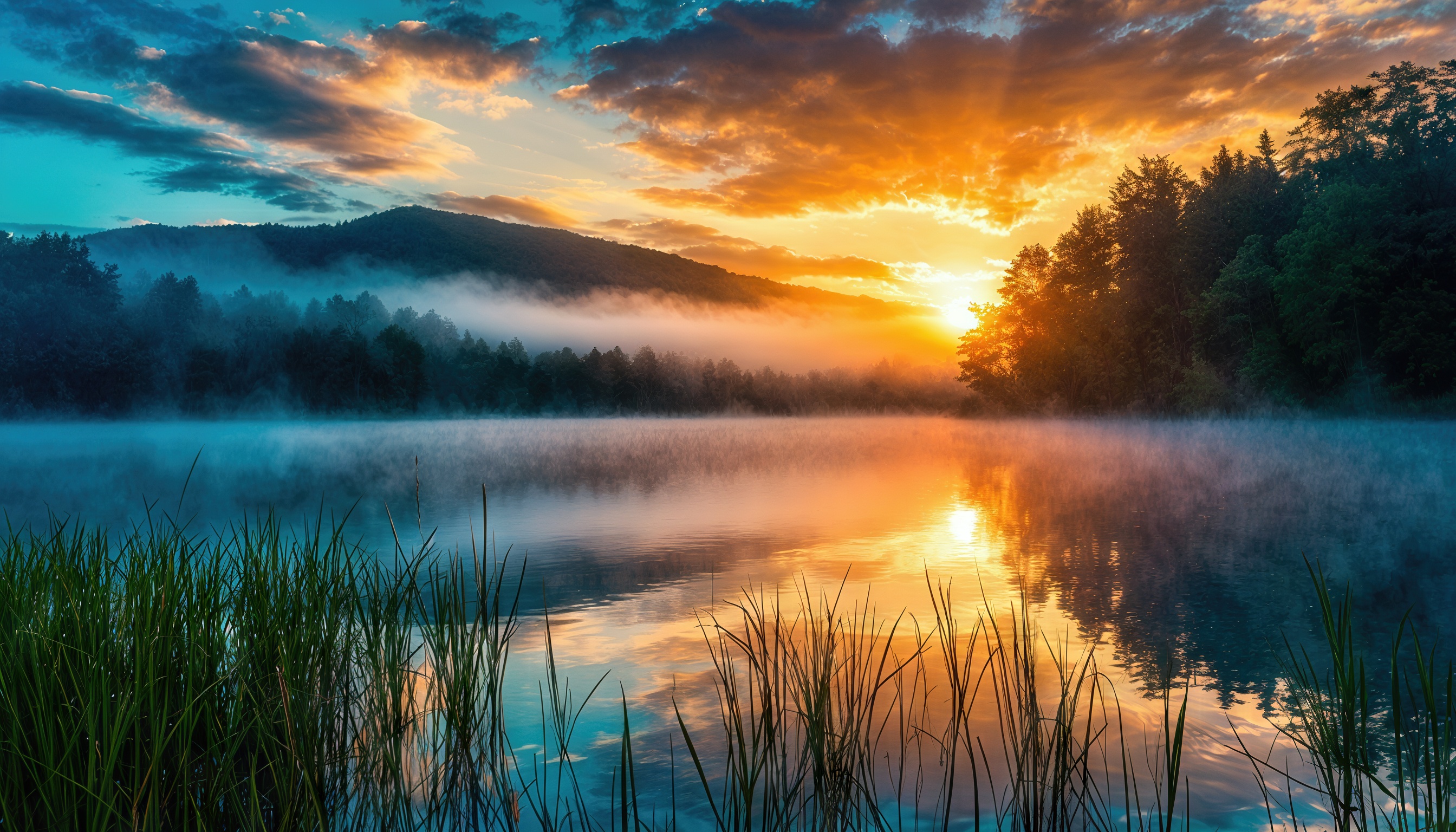A lake in the morning mist with the sun rising.